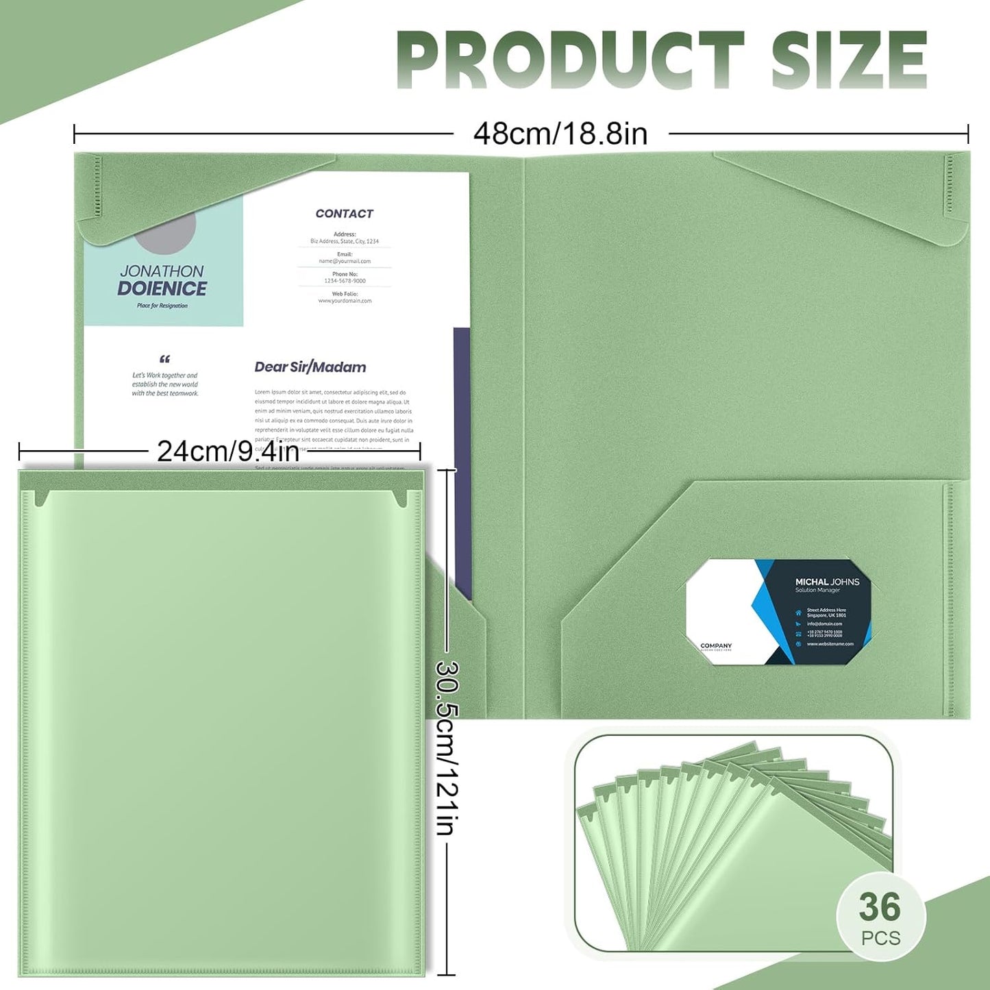 Henoyso 36 Pcs Plastic Folders with Clear Front Pockets Heavy Duty File Folders with 2 Pockets and Card Slot for Student Communication School Office Presentation Report (Sage Green)