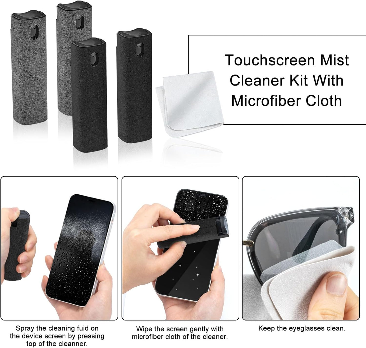 walrfid 2 Pack Car Screen Cleaner, Computer Screen Cleaner Spray and Wipe, Laptop Cleaning Mist Kit for Electronic iPad, iPhone, Phone, MacBook, TV, Monitor Display, WF-4pcsPW-BlackGrey