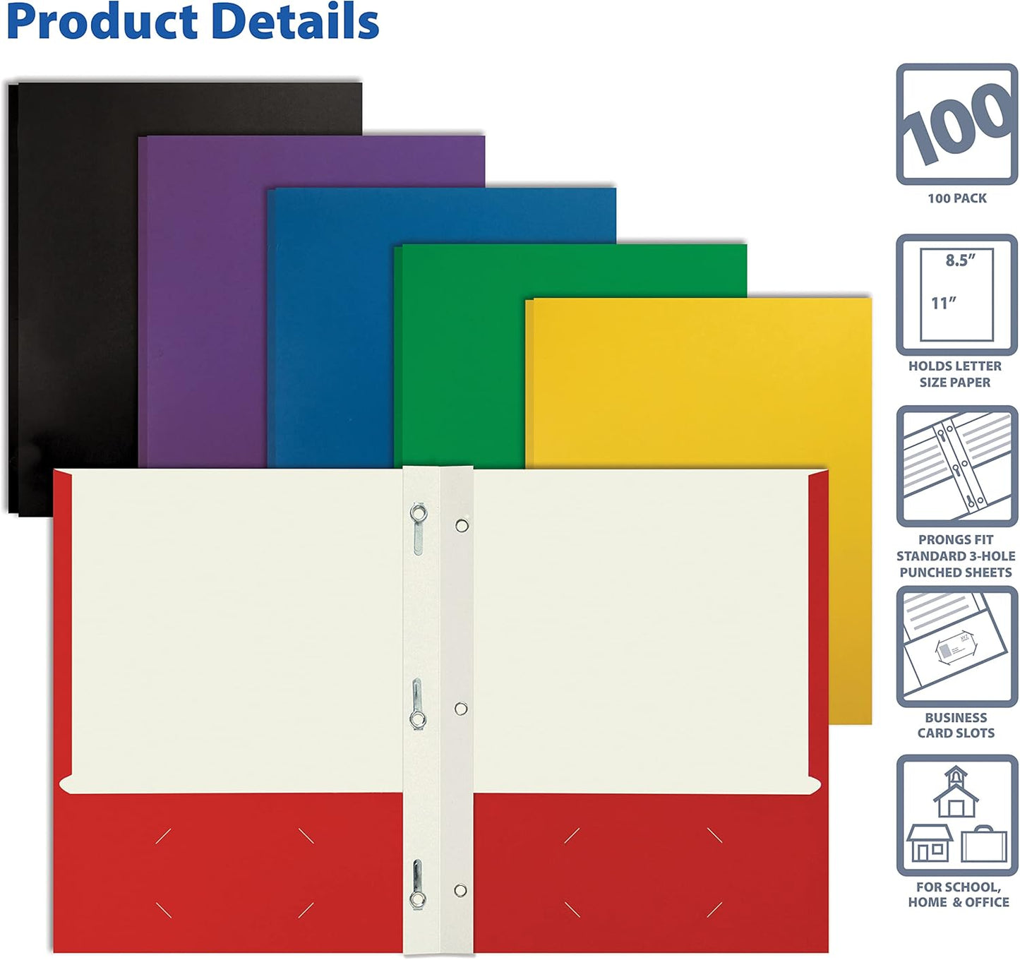 Better Office Products Letter Size Paper Portfolios, Case of 100, Assorted Primary Colors, with Fasteners (Assorted, 2 Pocket Paper Folders)