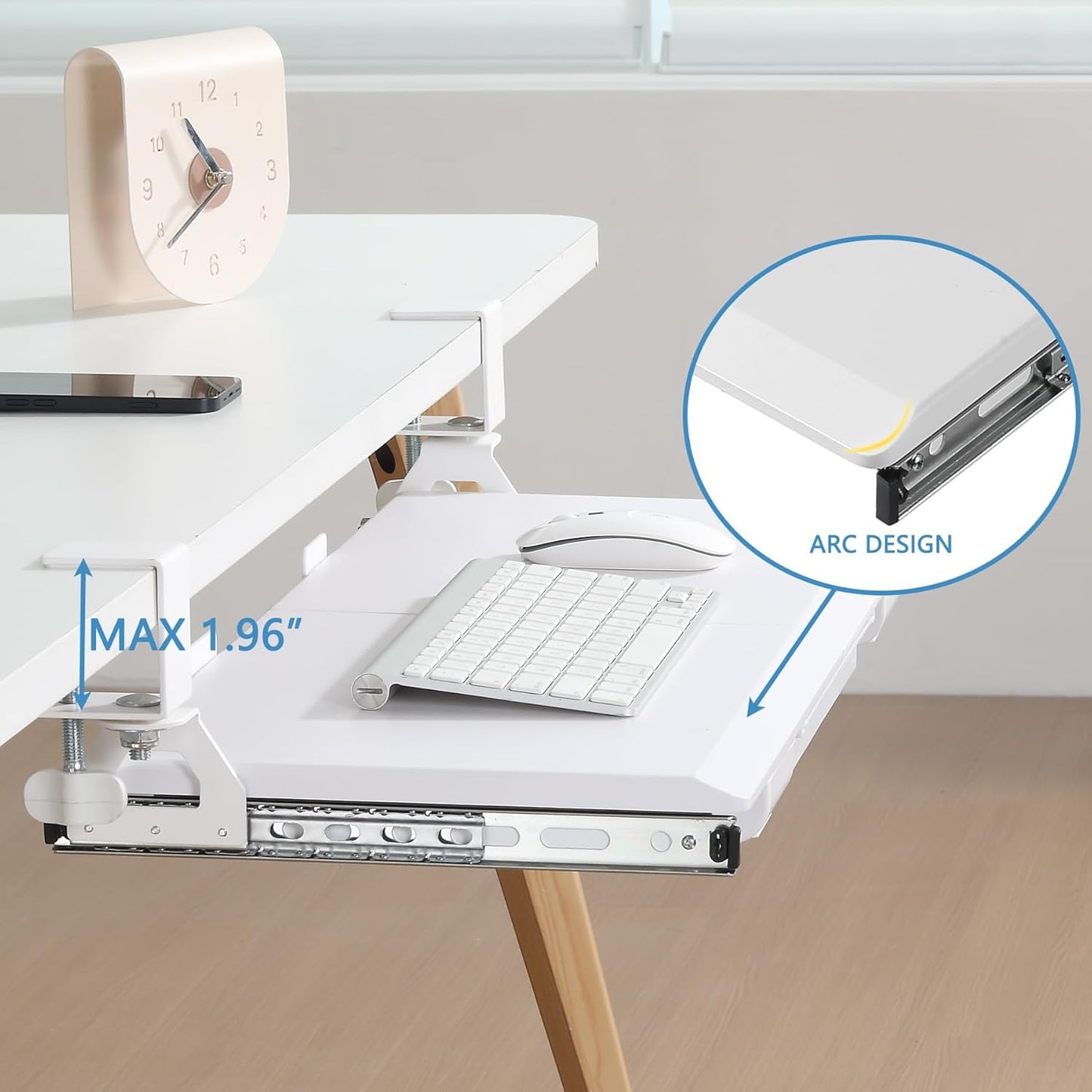 ETHU Keyboard Tray Under Desk, Pull Out Keyboard & Mouse Tray with C-clamp, Ergonomic Desk Keyboard Tray Slide Out, Pull Out Platform Drawer for Home and Office(White)