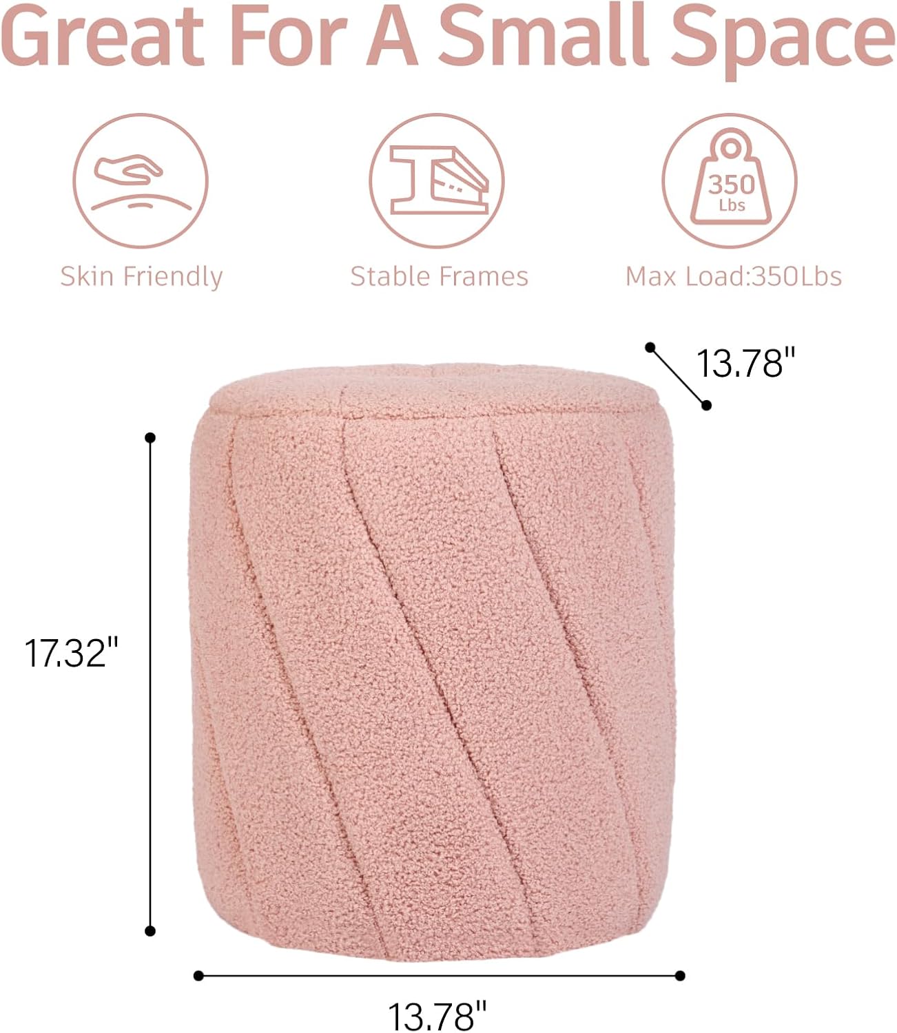 Modern Round Ottoman, Spiral-Tufted Foot Stool Ottoman, Teddy Fleece Upholstered Vanity Stool for Makeup, Bedroom, Living Room, Pink