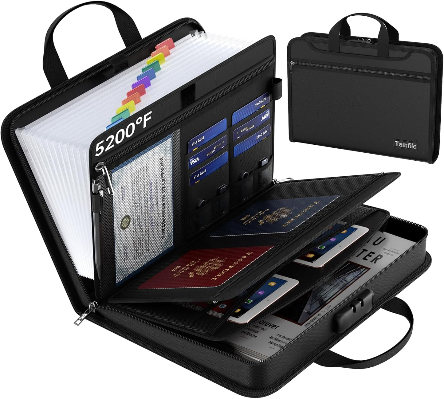 5200℉ Fireproof Accordion File Organizer with Lock, Thickened Document Organizer 13 Pocket with Zipper & Labels, Important Document Organizer, Expanding File Folder with Handle for Letter A4 (Black)
