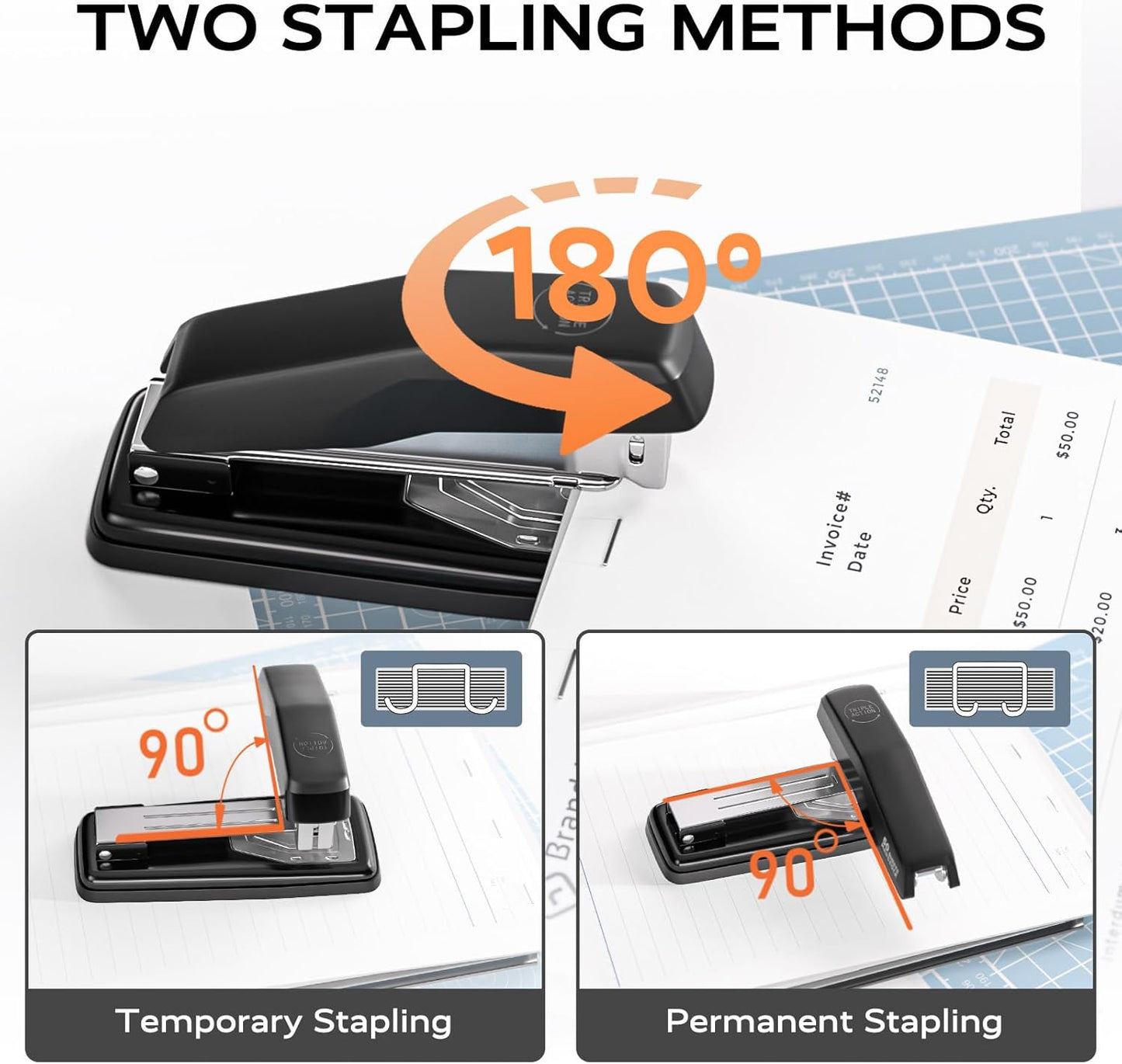 Desktop Stapler, Swing-Arm Swivel Stapler, 50 Sheet Capacity, 2000 Staples and Staple Remover, Rotatable Heavy Duty Staplers for Office, Home, Classroom, Booklet, Book Binding,Black