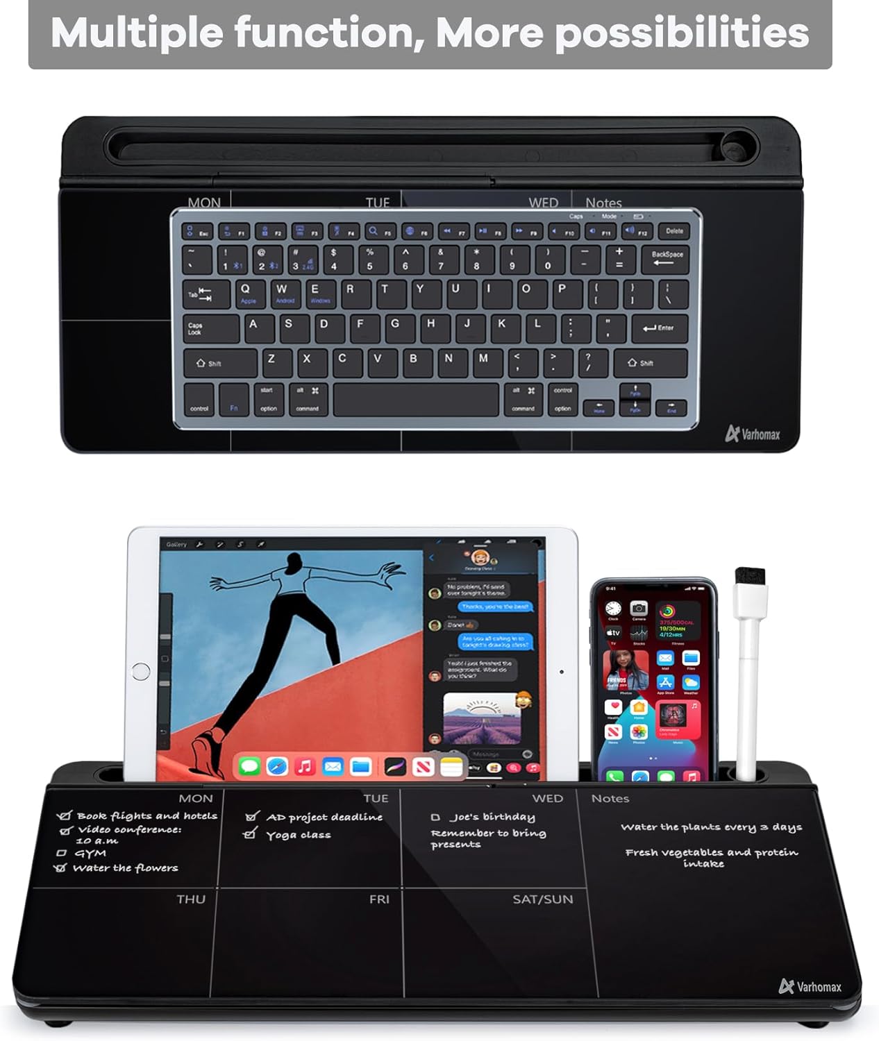 Varhomax Glass Weekly Planner Desk White Board, Desktop Calendar Whiteboard with Storage, to Do List Memo Caddy for Home Office and School Supplies, Black