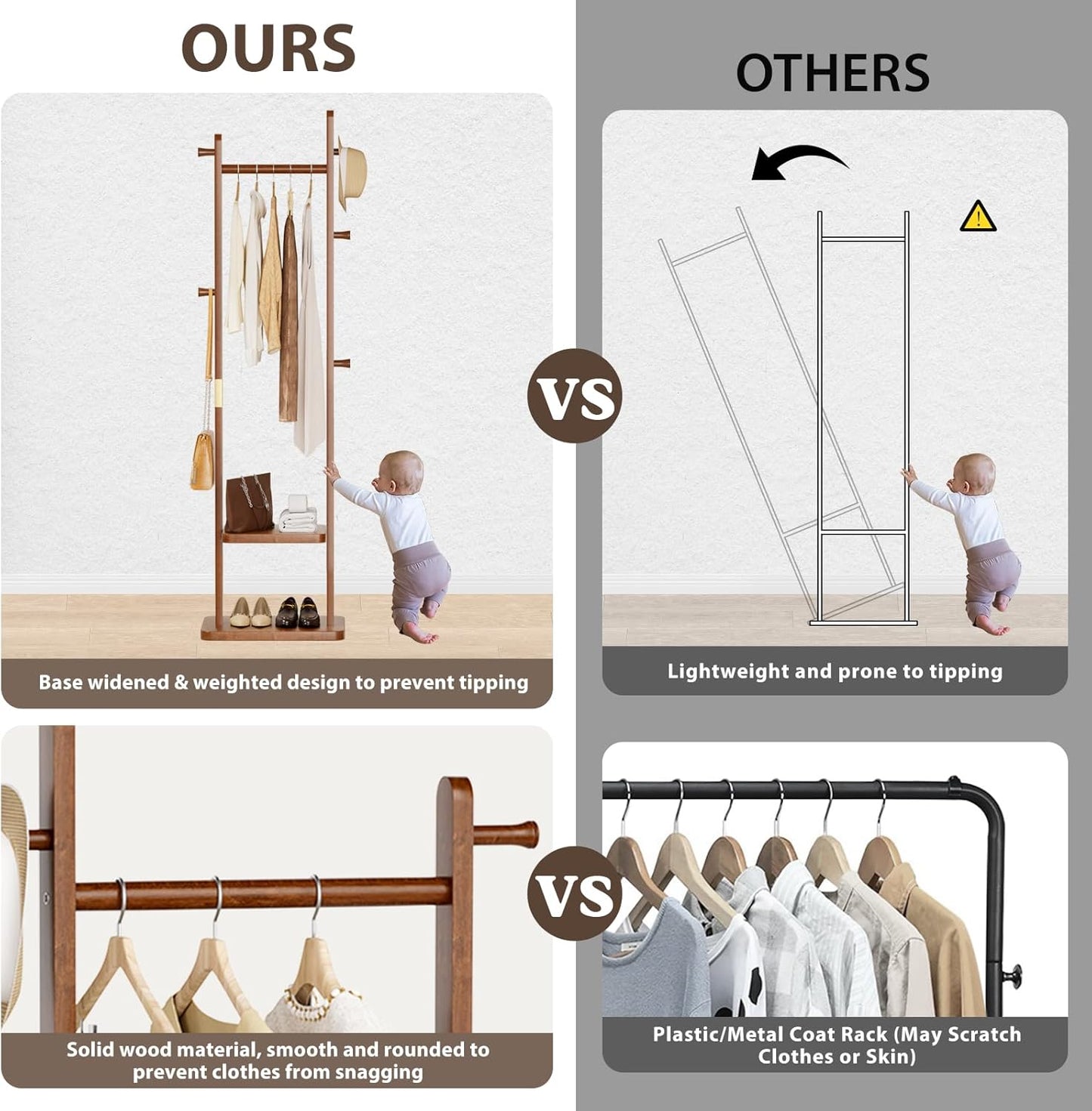 Solid Wood Coat Rack, Coat Rack Freestanding with 2 Shelves and 5 Hooks, Heavy Duty Coat Tree for Entryway，Living room，Coat Hanger Stand for Hats, Bags (Walnut Brown)