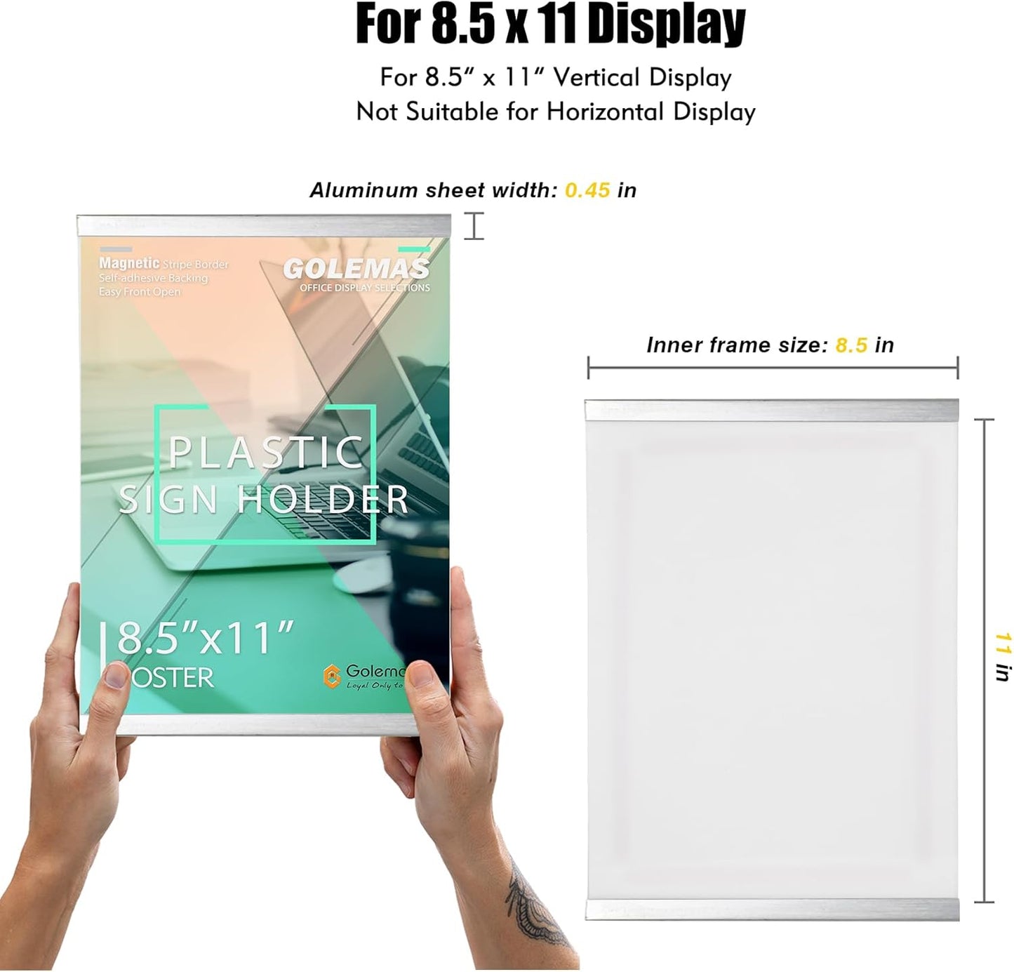 Acrylic Magnetic Sign Holder, Easy-Opening 8.5 x 11 Wall Mount Display Frames, Self Adhesive Back Plastic Clear Document Holder, Silver Aluminium Strips Frame (8.5 x 11, 12Pack)