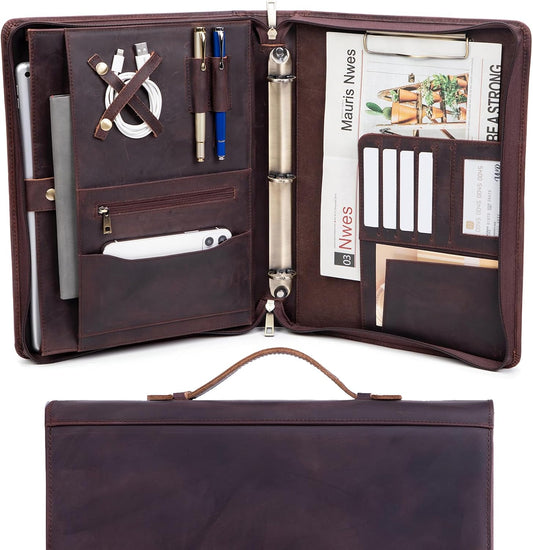 Genuine Leather Portfolio 3 Ring Binder with Clipboard, Hidden Handle, 8.5 x 11 Zippered Padfolio, Business Organizer Professional Executive Folio for Men and Women, Dark Brown