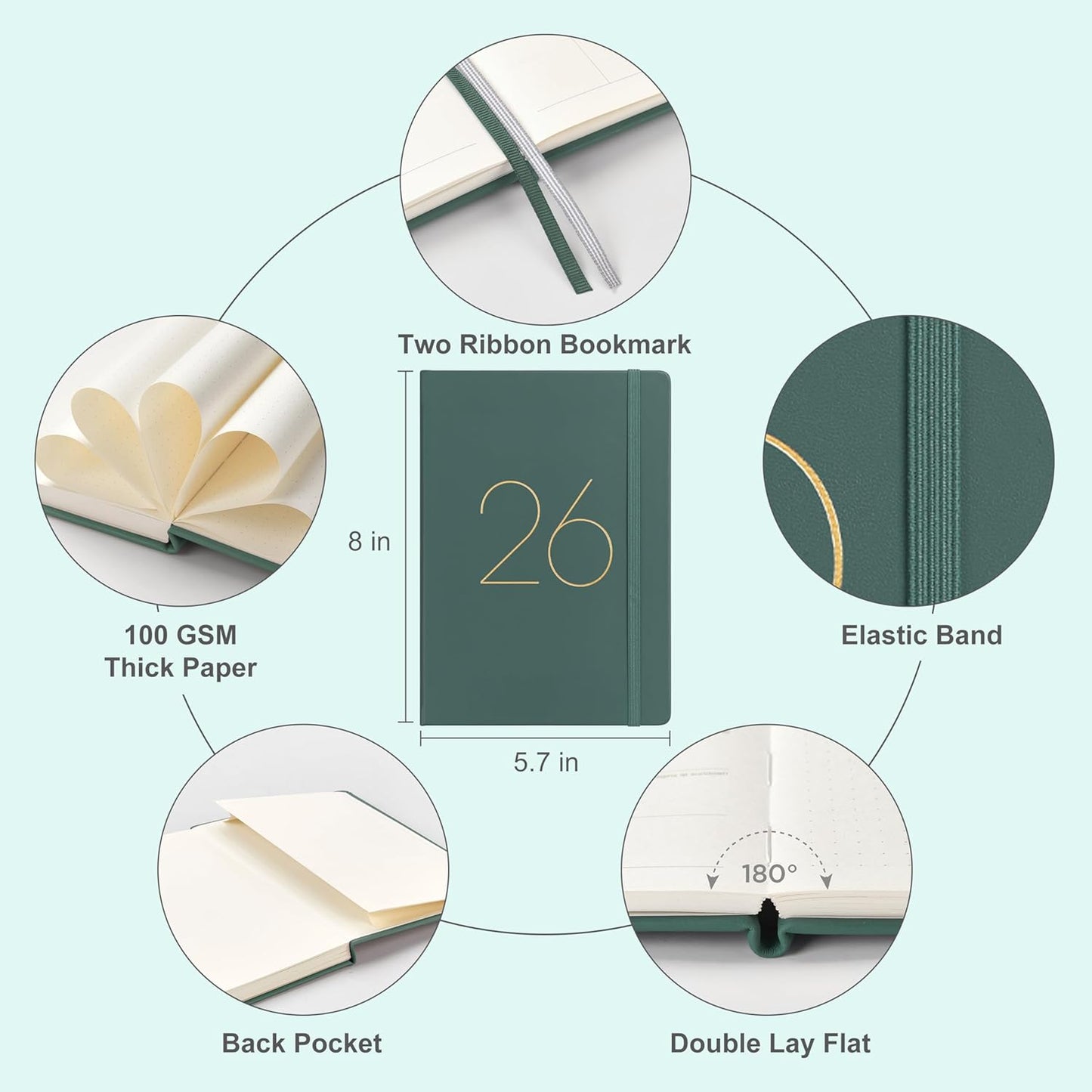 And Per Se 2026 Planner-Daily, Weekly & 15-Monthly Leather Hardcover Planner, 5.7" x 8", Daily Schedule, Monthly Tabs, 100 GSM Thick Paper, Back Pocket(Green)