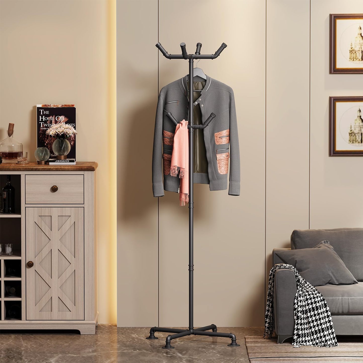 Industrial Coat Rack,Metal Pipe Coat Rack Stand Freestanding with 6 Hooks,Heavy Duty Coat Tree Sturdy Coat Racks for Entryway, Hallway, Bedroom (Black)