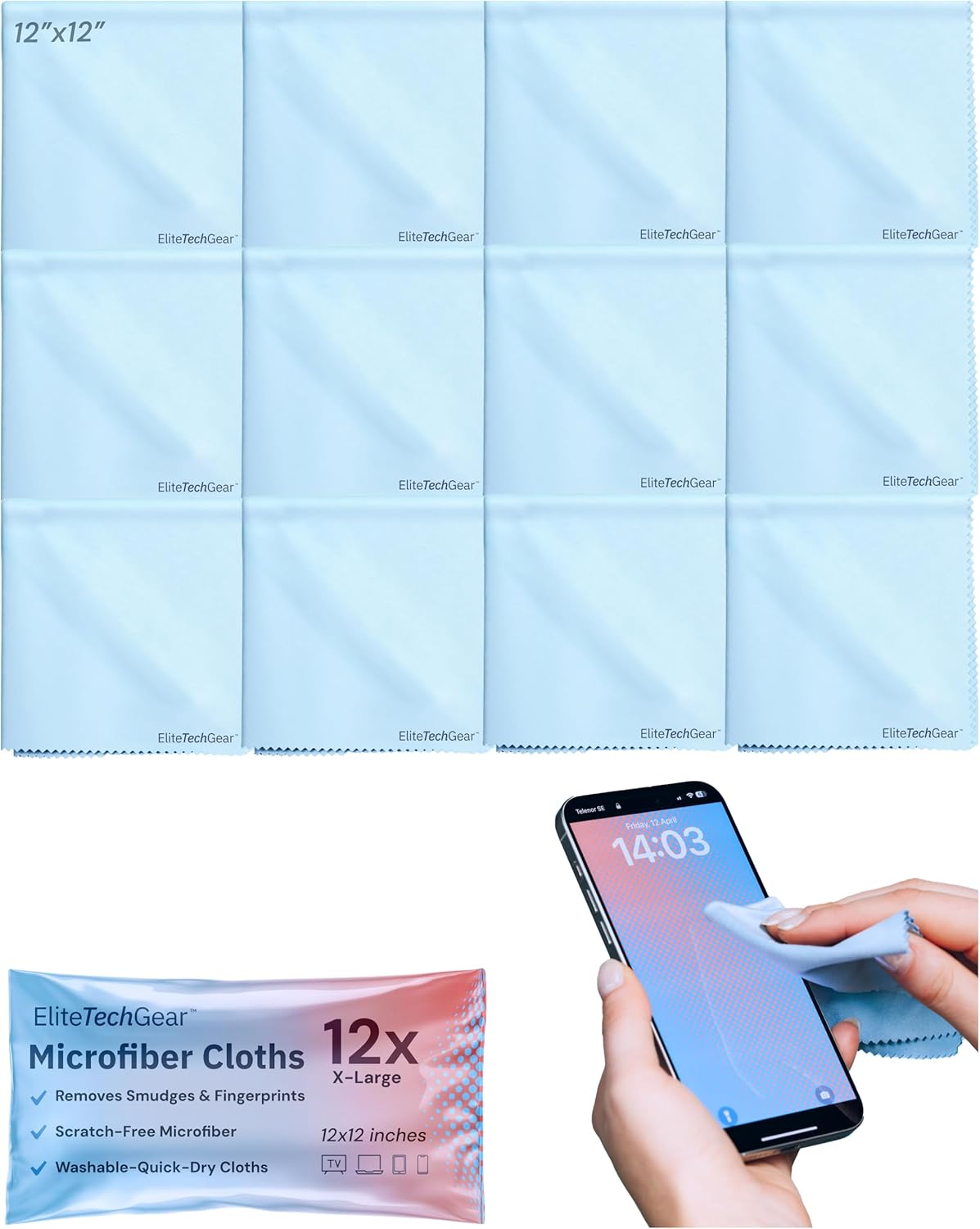 Elite Tech Gear Microfiber Cleaning Cloth 12-Pack - 12"x12" Oversized, Washable & Durable for Glasses, Lenses, Electronics & Screens - High Tech Quality Material