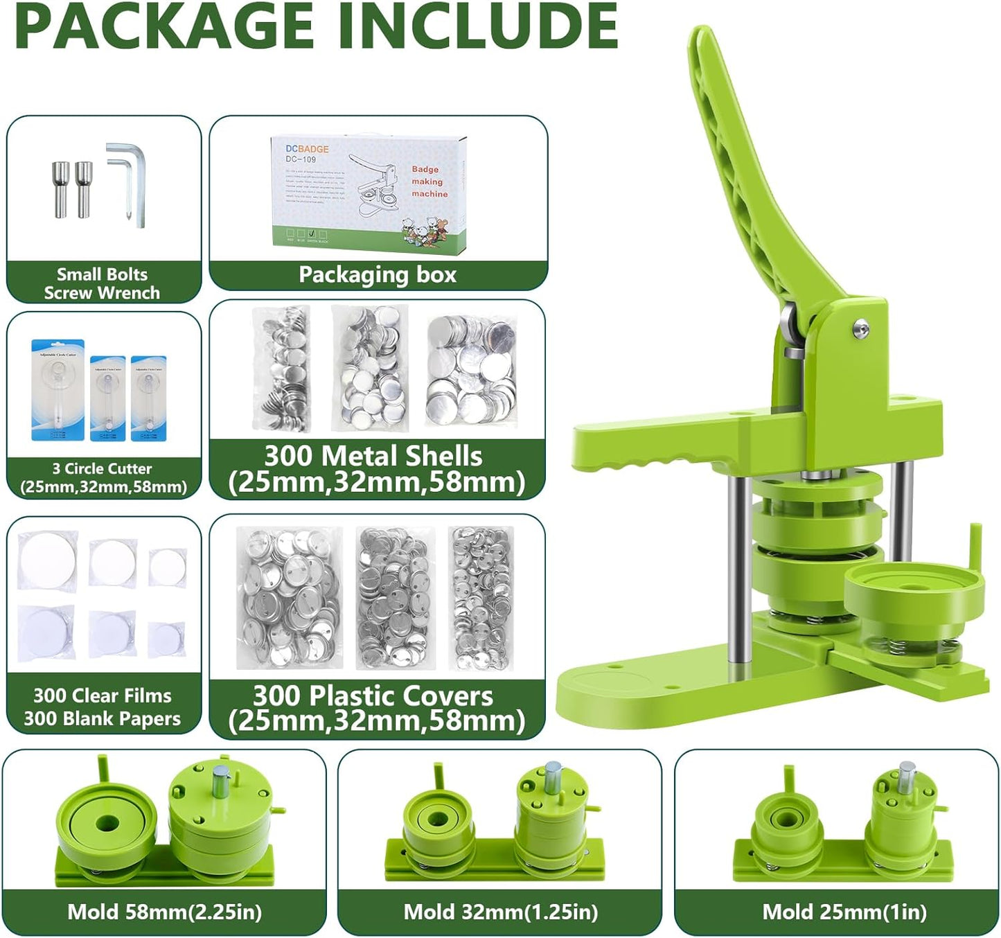 Button Maker Machine Multiple Sizes 1+1.25+2.25in, Button Pin Maker Kit for DIY Gifts, Badge Press Machine with Free 300PCS 25+32+58mm Badge Making Iron Supplies & 3Circle Cutter