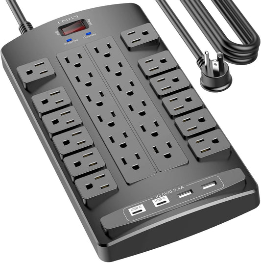 QINLIANF Surge Protector Power Strip - 20Ft Flat Plug Heavy Duty Extension Cord with 24 Outlets and 4 USB Ports(1 USB-C Ports), 1875W/15A, 4100J, for Home, Office, Dorm, ETL Listed, Black