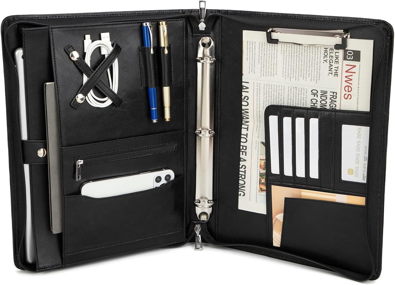 Vegan Leather Portfolio 3 Ring Binder with Clipboard, Hidden Handle, 8.5 x 11 Zippered Padfolio, Business Organizer Professional Executive Folio for Men and Women, Black