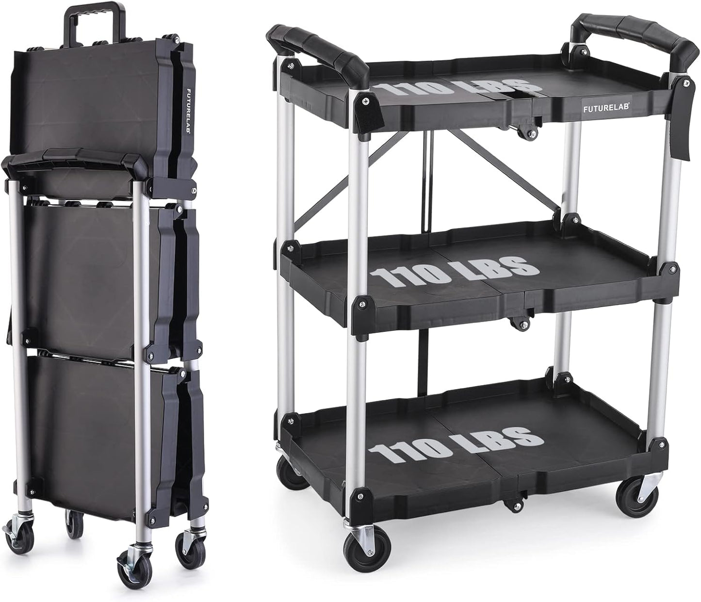 FUTURELAB Portable Folding Service Cart - 3 Tier 330LBS Capacity - Rolling Utility Foldable Cart with Wheels for Warehouse Home Workshops Garages Restaurants Offices