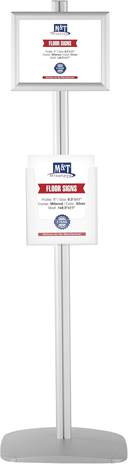 M&T Displays Free Standing Aluminum Display Stand Single Sided Document Brochure Sign Holder Front Loading Portrait Landscape Silver Snap Frame 1x(8.5x11) and Clear Acrylic Pocket 1x(8.5x11) Inch