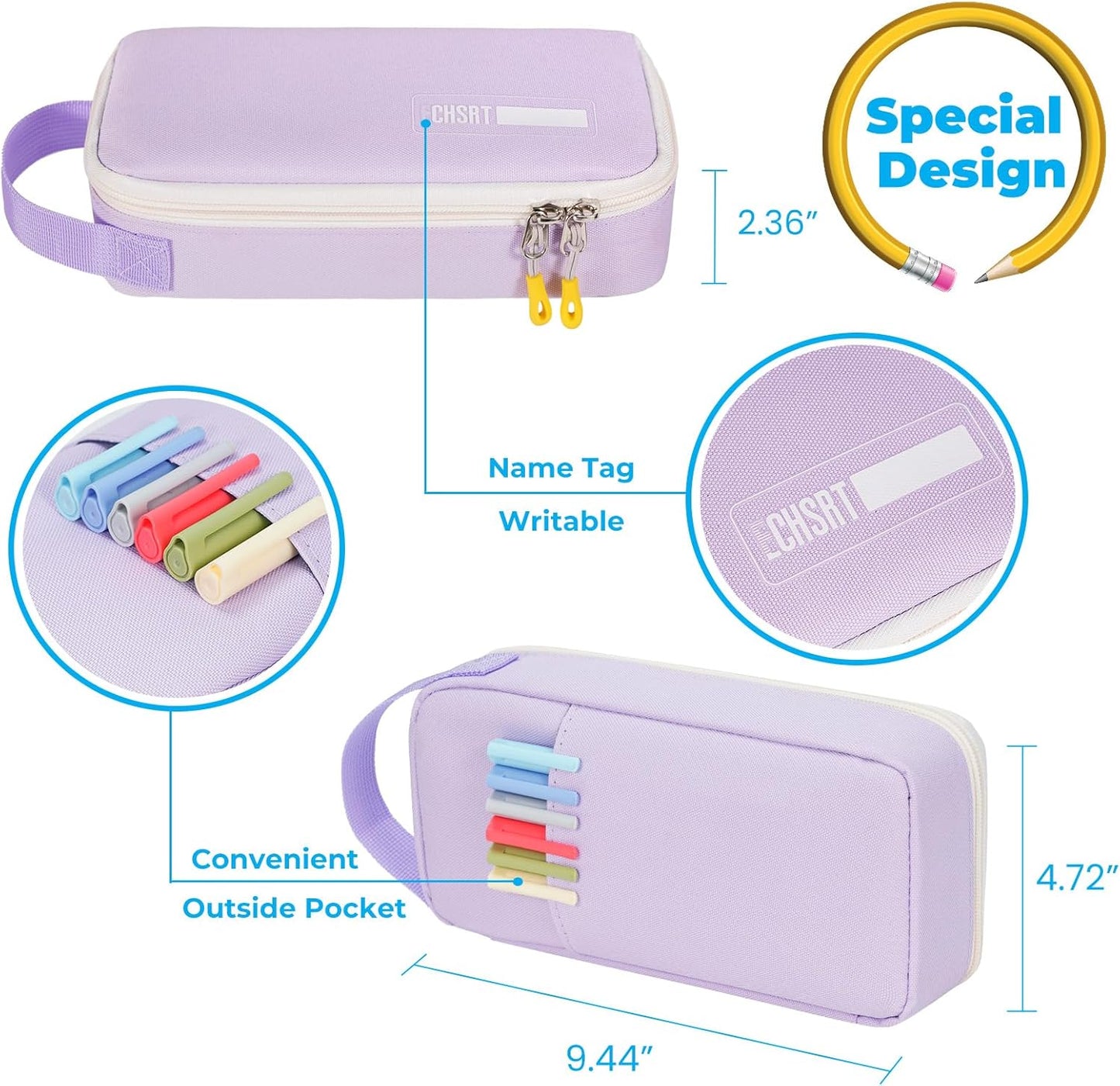 ECHSRT Big Pencil Case, Aesthetic Portable Zipper Pencil Bag with Hidden Pocket, Special Pouch for Men Women Adults, Stationery Organizer Pen Cases for Office Travel, Light Purple