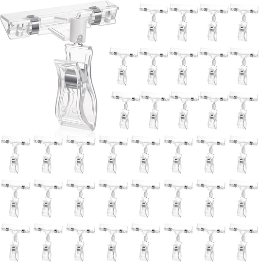 36 Pcs Clear Sign Clips – Double-Sided Rotatable POP Plastic Label Holders for Retail Display, Shelves, Clothing Racks & Price Tags