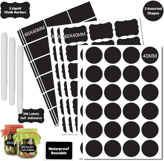 Chalkboard Label 300 Pcs Waterproof Reusable Labels for Food Containers Chalk Sticker Labels with 3 Liquid Chalk Markers for Mason Jars, Parties Decoration, Craft Rooms, Storage, Home, Kitchen