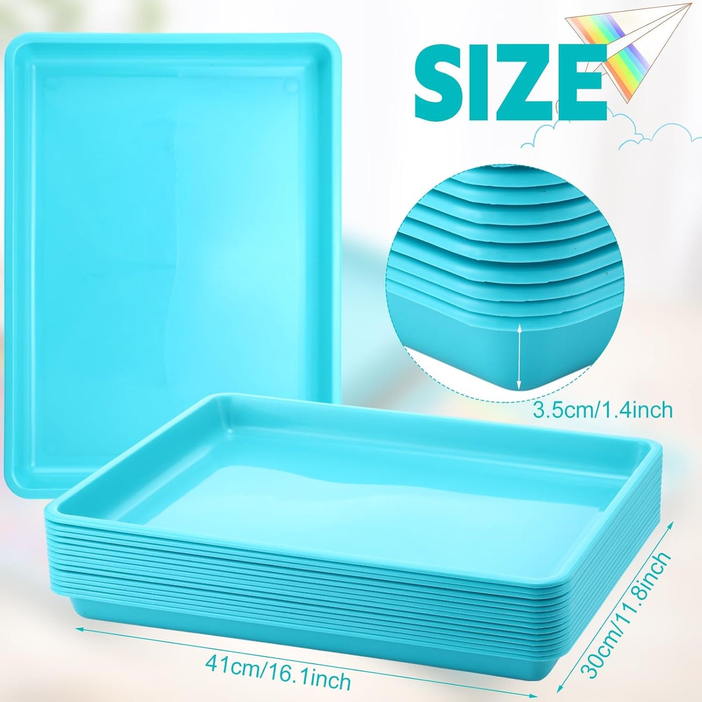 Maitys 15 Pcs Flat Plastic Trays 16.1 x 11.8'' Sensory Storage Tray Paper Stackable Classroom Bins for Office Home Organizer Arts and Crafts Supplies(Mint Green)
