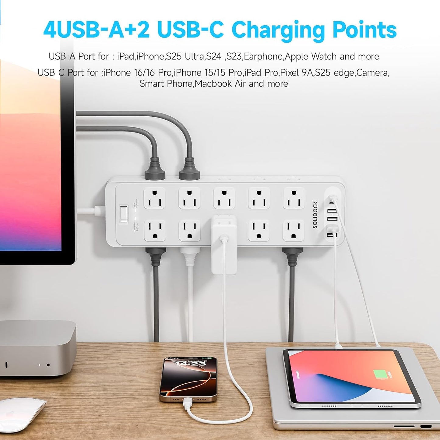 Power Strip Surge Protector Flat Plug with 20 AC Outlets 6 USB Chagring Ports, 1875W/15A, 2700J, 10 Ft Heavy Duty Extension Cord for Home, Office, Dorm, Gaming,ETL Listed (White, 10FT)