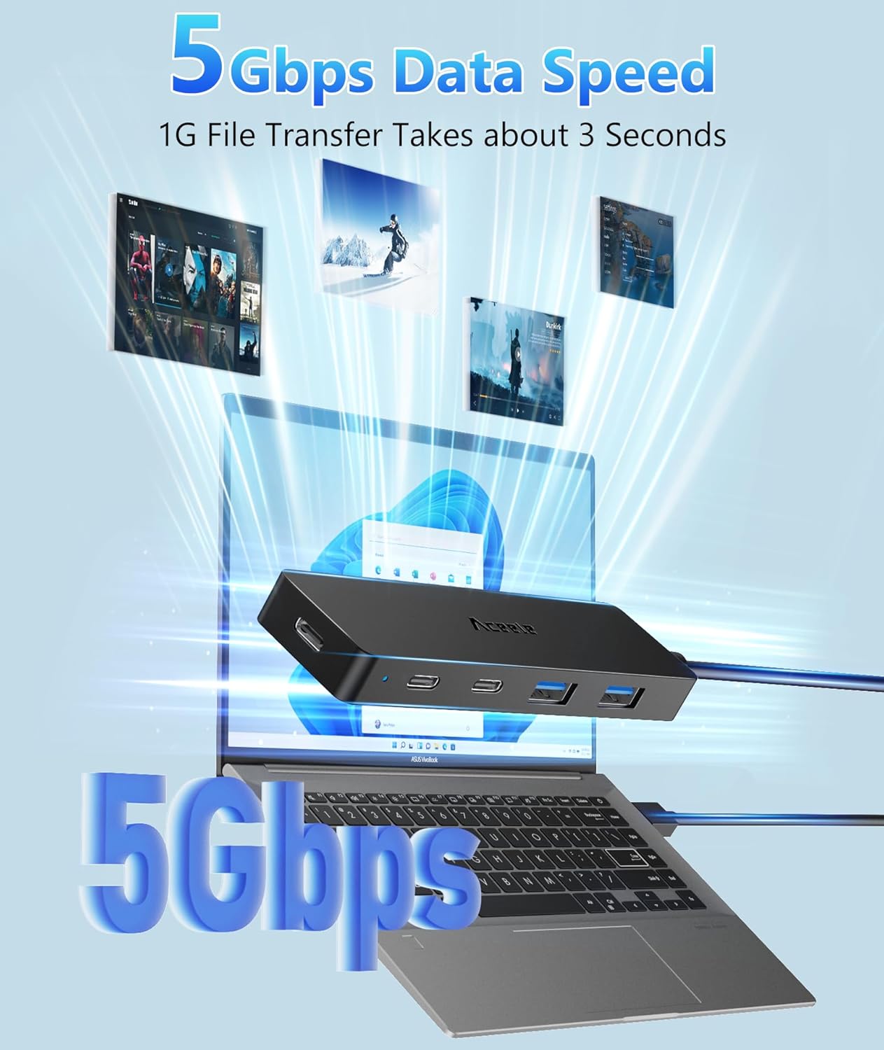 Aceele USB Hub 3.0 Splitter with 2 USB-C and 2 USB-A, 4 Ports Ultra-Slim Multiport Expander Adapter with 4ft Extension Long Cable Cord, USB Extender for Desktop, Computer, PC, Laptop, iMac and More