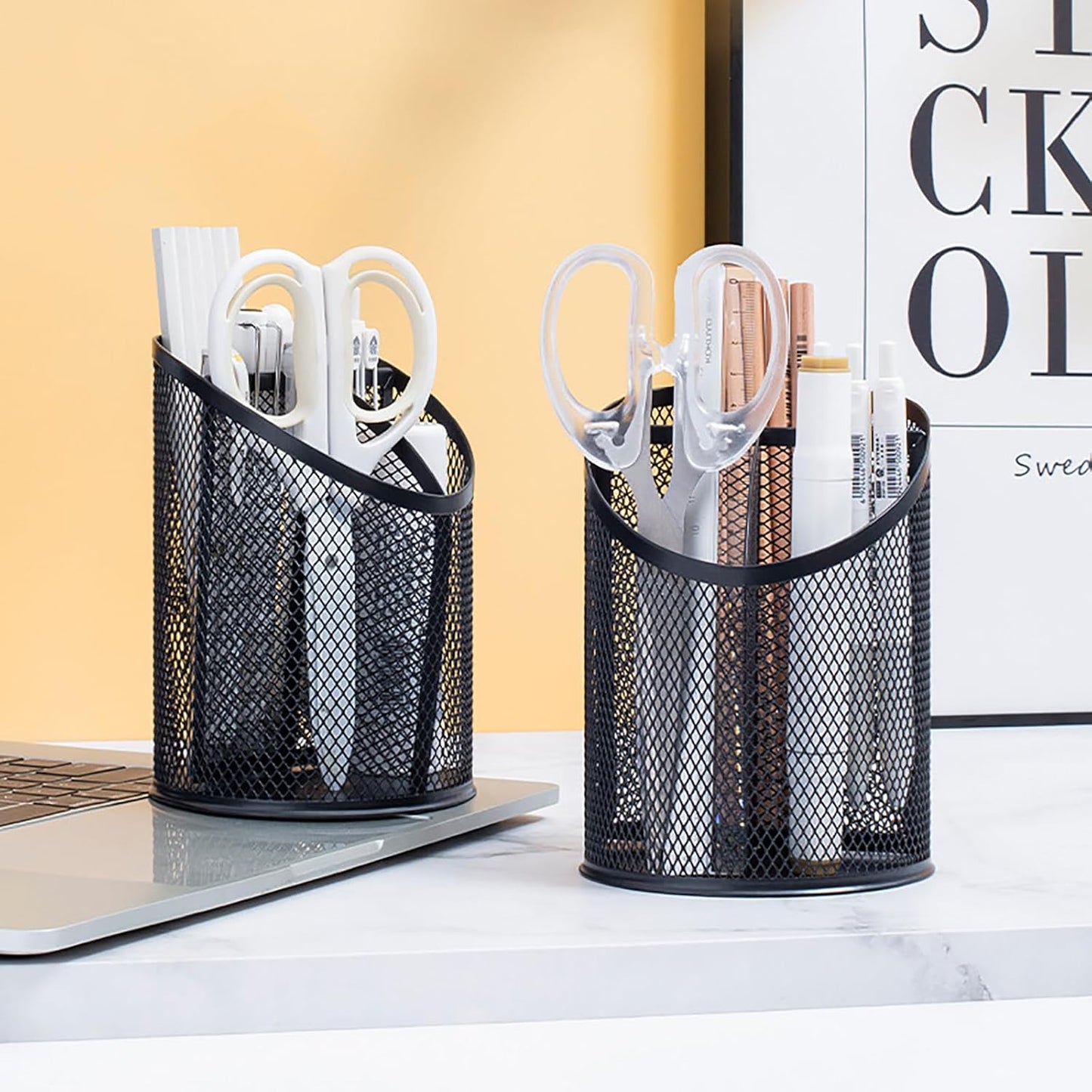 Nicunom 4 Pack Pen Holder Mesh Pencil Holder Round Pen Cup for Desk, 3 Compartments Desktop Pencil Organizer for Office Home School, Black