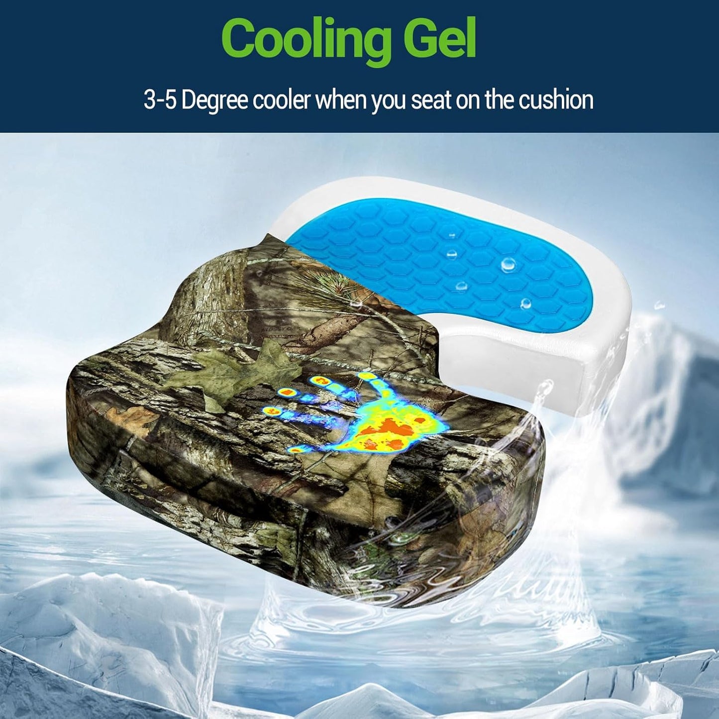 Gel Seat Cushion for Car Office - Memory Foam Pain Relief Chair Pillow Cushions - Tailbone Sciatica Coccyx Butt Lumbar Support Pad for Sitting Driving Traveling, Velvet, Mossy Oak