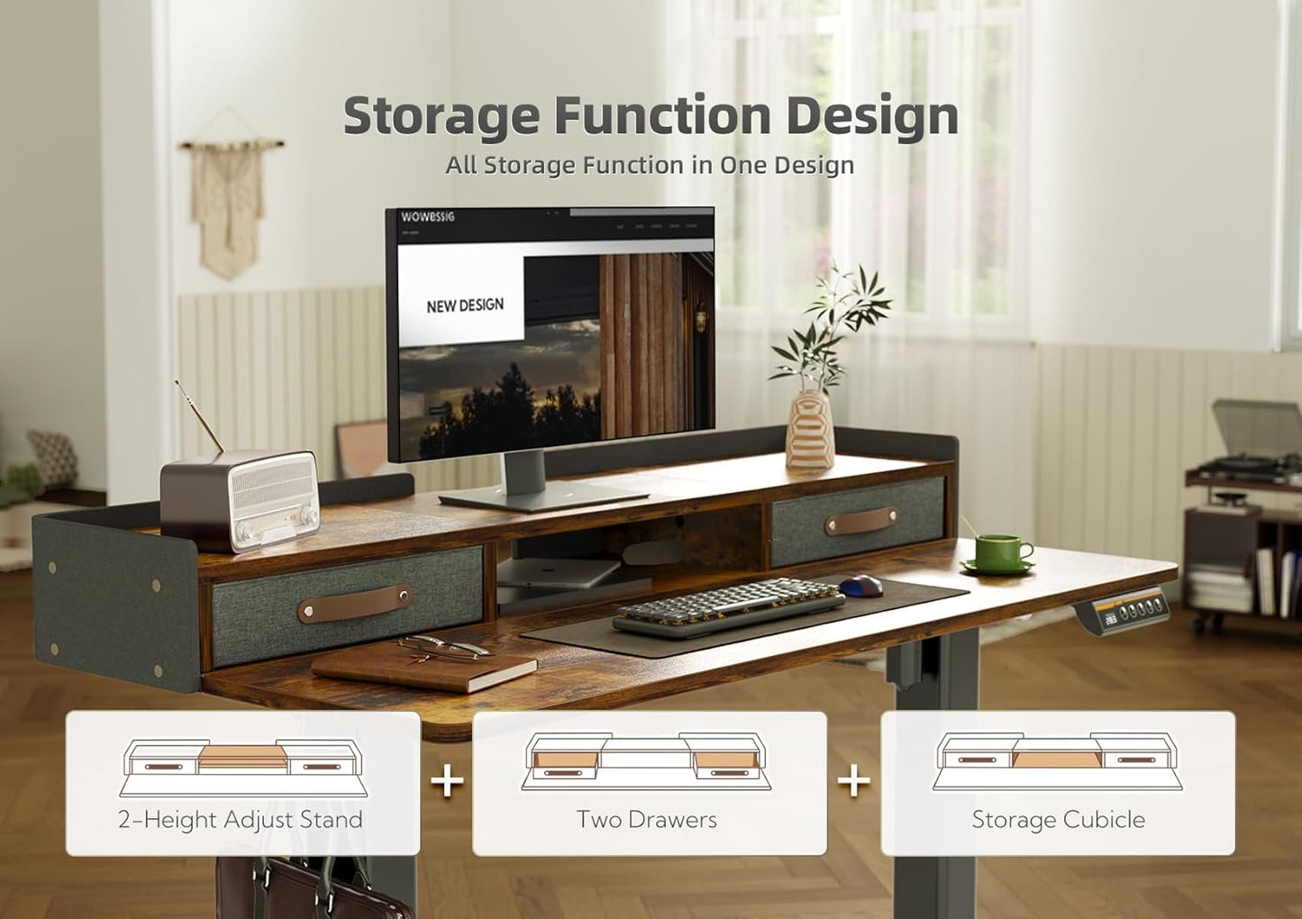 YDN Standing Desk with Drawers, 55 Inch Standing Desk Adjustable Height, Adjustable Electric Stand Up Sit Stand Small Desks with Storage and Shelf, Rustic Brown