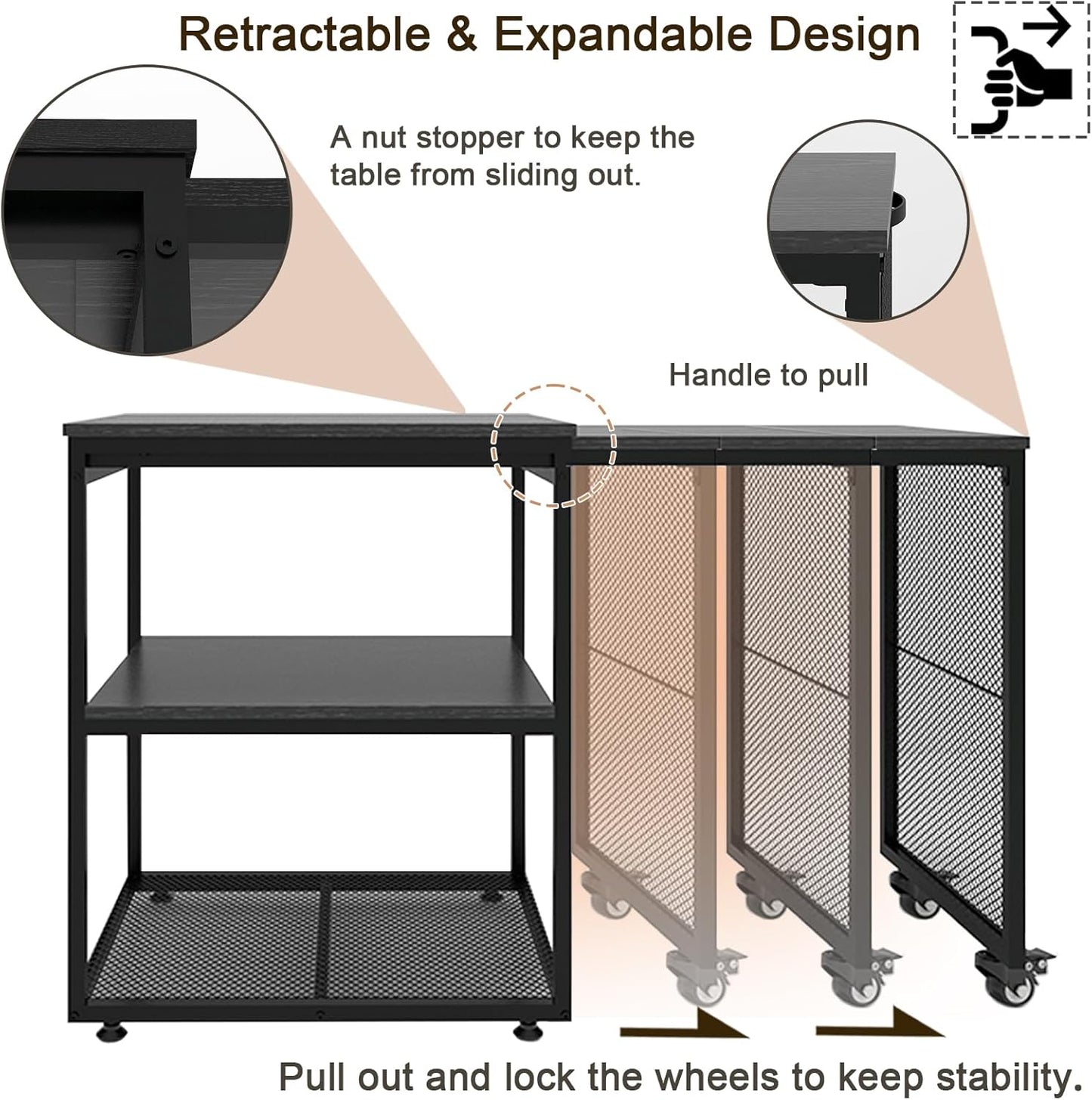 Natwind 24''x20''x29'' Large Printer Stand with Storage Shelves,Extendable Home Craft Table,Home Office Organization Desk, Versatile Table for Home Office, Kitchen, Study Room, Living Room (Black)