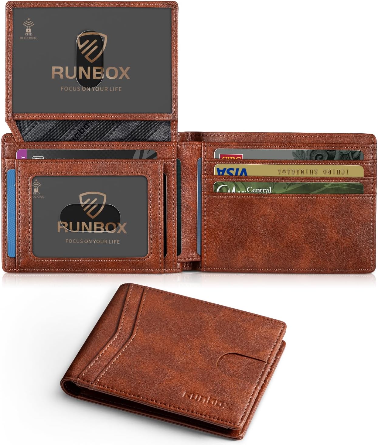 RUNBOX Wallet for Men Slim Rfid Leather 2 ID Window With Gift Box