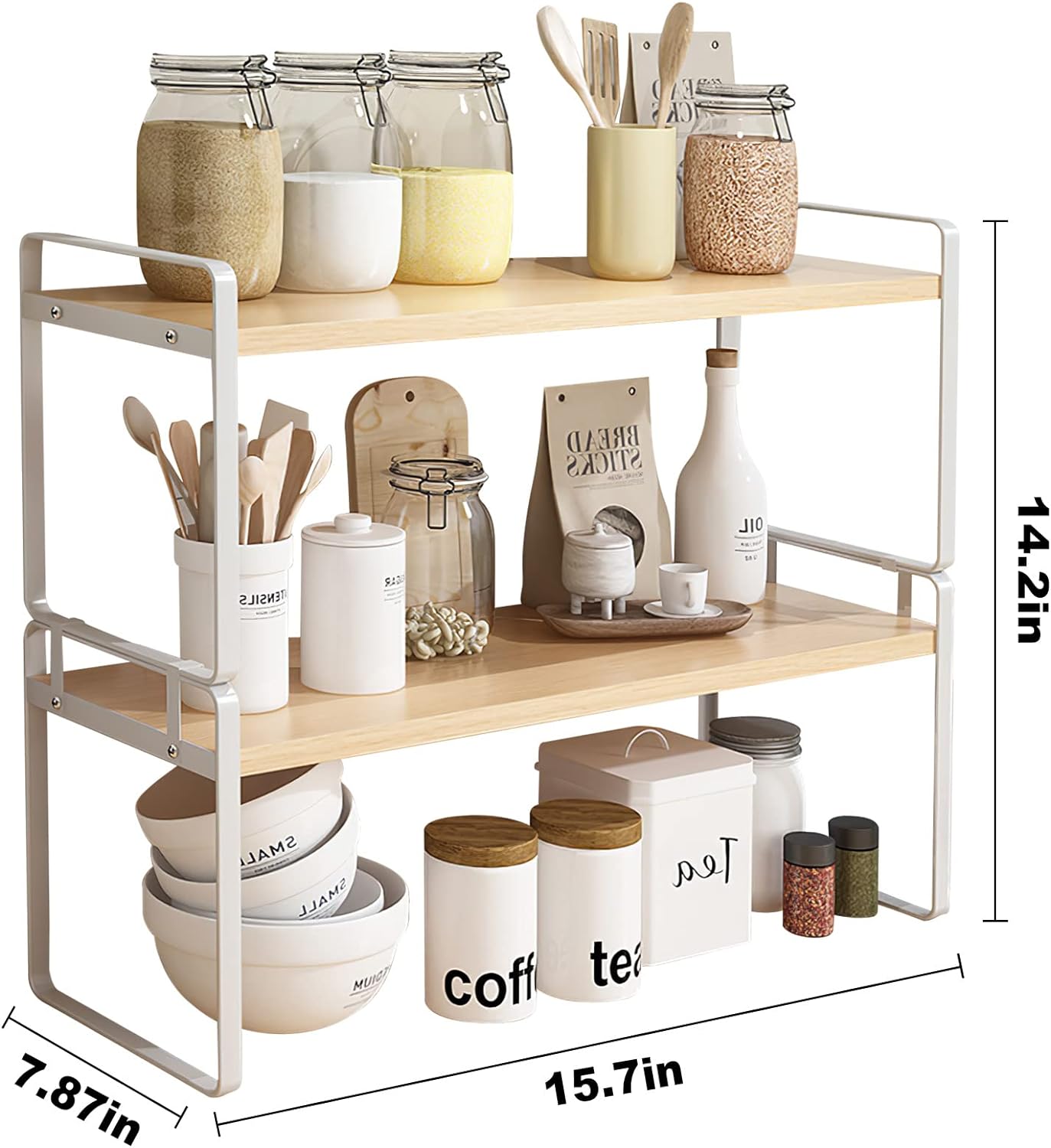 YGYQZ Wood Office Desk Shelf Organizer - Desktop Supplies Cute Dresser Top Organization Storage Rack and Cubicle Decor Aesthetic Bookshelf for Women Man and Kids (White-Two Tier)