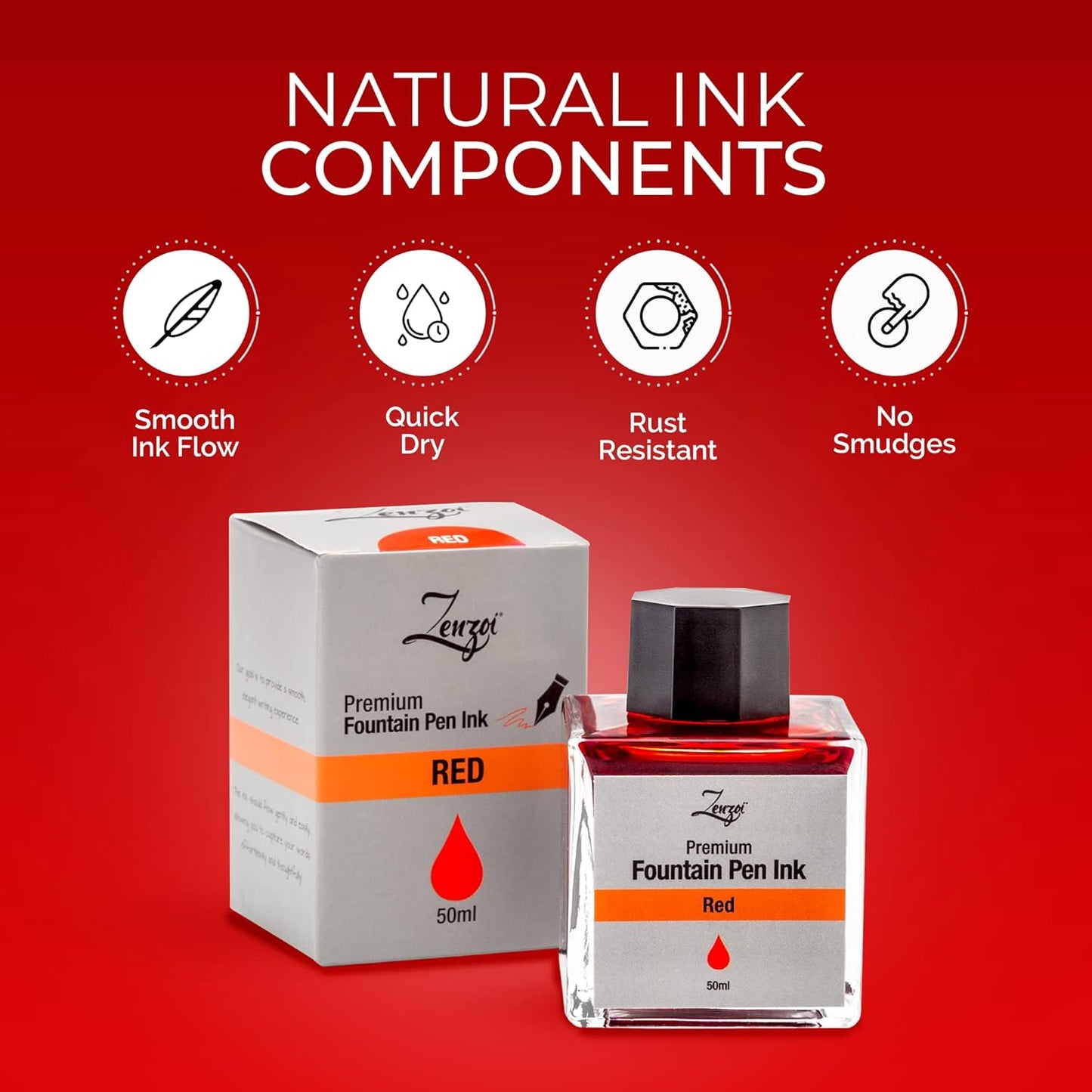 ZenZoi Fountain Pen Ink Bottle 50ml | Premium Designed Bottled Ink for Fountain Pens – Suitable for Calligraphy and All Branded Pens | Quick Drying and Smooth Flow Writing Experience (Red)