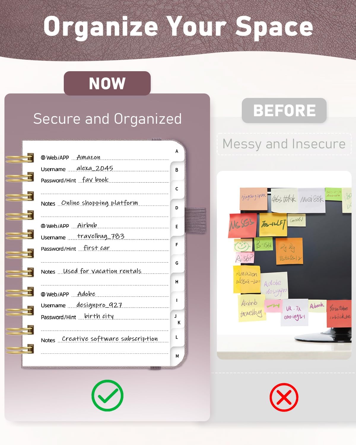 WEMATE Password Book with Alphabetical Tabs, Spiral Password Keeper Book for Seniors, Internet Password Notebook Password Journal Logbook Log in Detail, Small – 4.7''x 6'' (Dusty Rose)