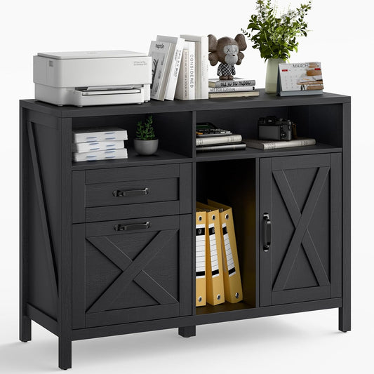 Lateral File Cabinet with 2 Drawers and Door, Farmhouse File Cabinet for A4/Letter Size Hanging Files, Large Wood File Storage Cabinets Printer Stand with Open Space for Home Office Furniture, Black
