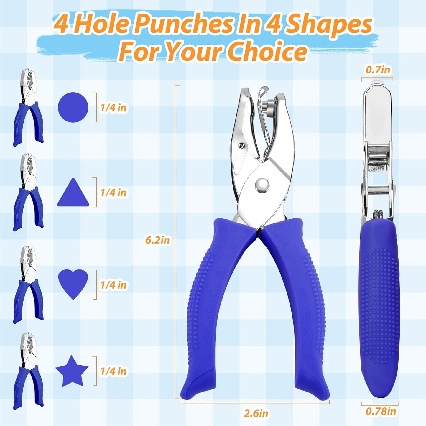 4 Packs Shape Hole Punch Set - 1/4" Circle, Heart, Star, Triangle Puncher with Soft Grip for Binder, Scrapbooking, Cards | Paper Craft Tools with Storage Slot & Reinforcement Stickers (Blue)