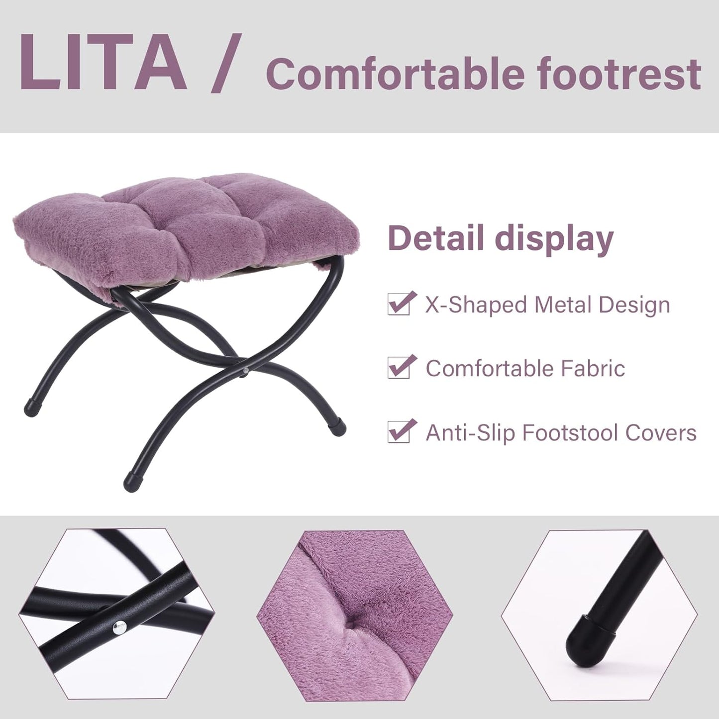 LITA Folding Upholstered Footrest Stool, Modern Small Portable Accent Ottoman with Detachable Thick Cotton Cushion Padded Sofa Stool with Metal Frame for Lazy Chair, Living Room & Bedroom