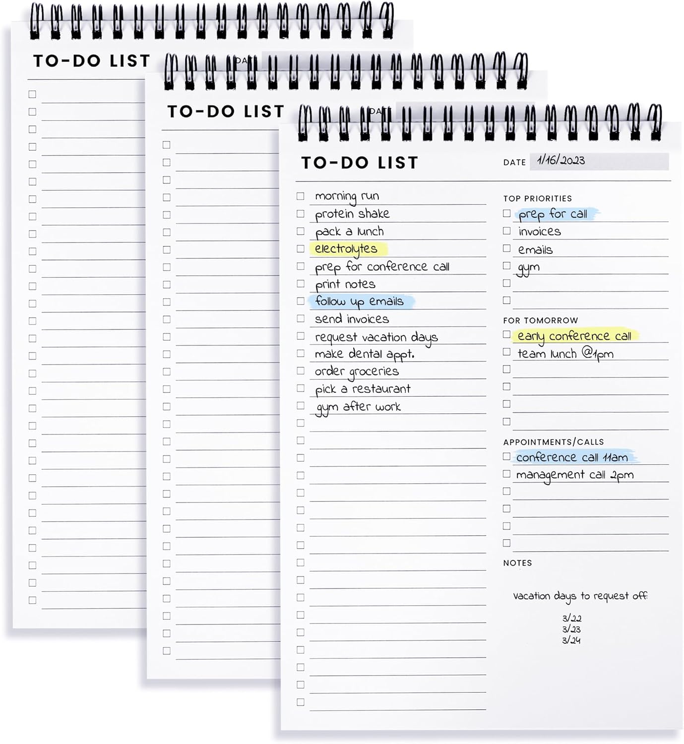To Do List Notepad 3 Pack: Has Multiple Functional Sections - 6.5 x 9.8" 60 Sheets - Spiral Daily Planner Notebook - Task Checklist Organizer Agenda Pad for Work, Note and Todo Organization