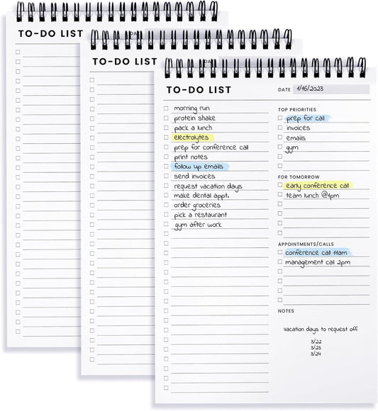 To Do List Notepad 3 Pack: Has Multiple Functional Sections - 6.5 x 9.8" 60 Sheets - Spiral Daily Planner Notebook - Task Checklist Organizer Agenda Pad for Work, Note and Todo Organization