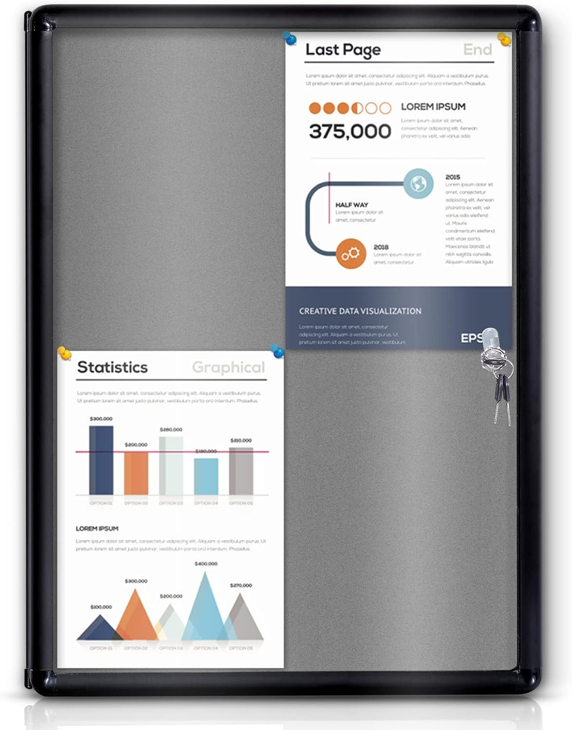 Enclosed Bulletin Board Lockable Display Case Message Board with Locking Door for Indoor, Grey Felt, Black Aluminum Frame, 26 X 20 in