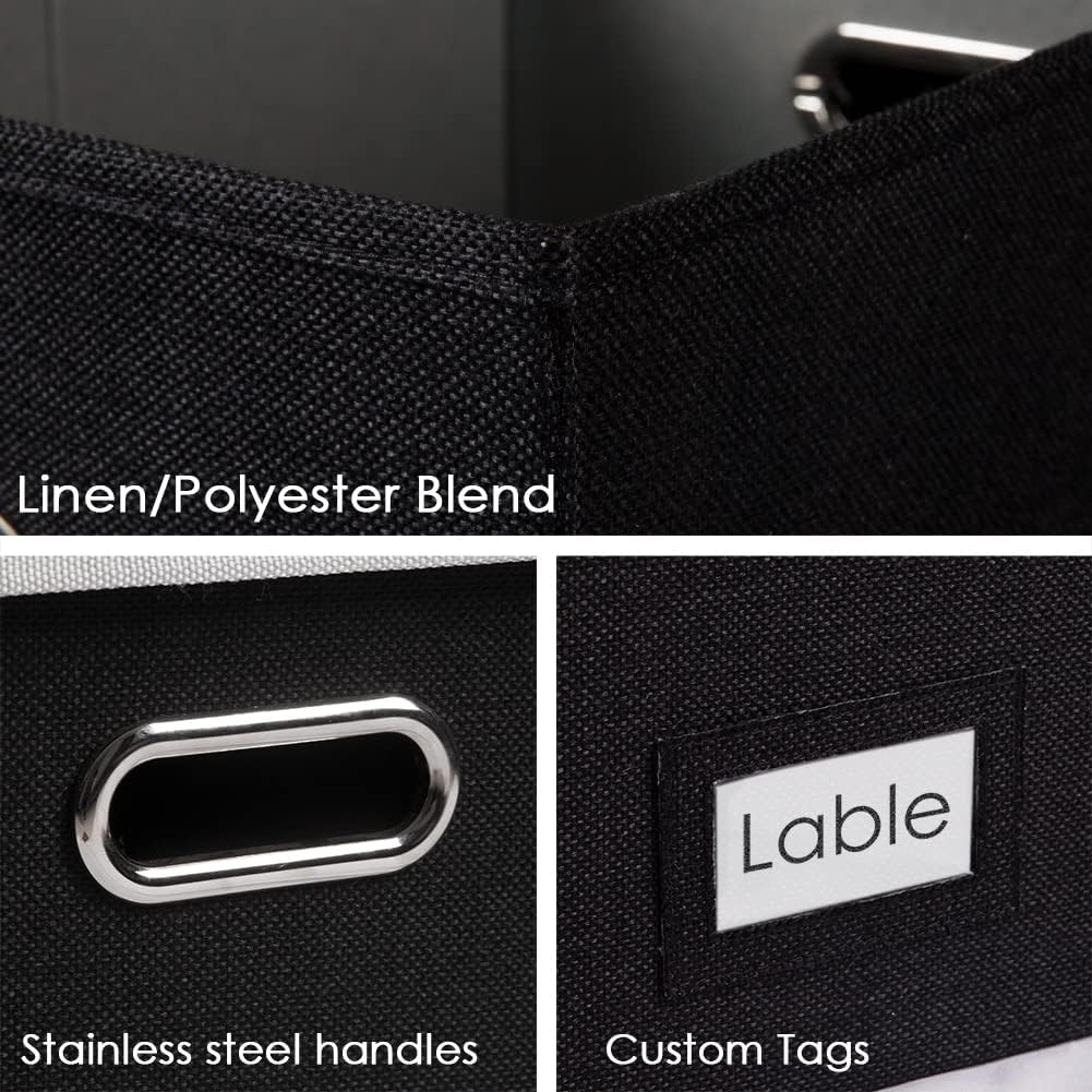 PRANDOM File Organizer Box - Set of 1 Collapsible Decorative Linen Filing Storage Hanging File Folders with Lids Office Cabinet Letter Size Black (15x12.2x10.75 inch)