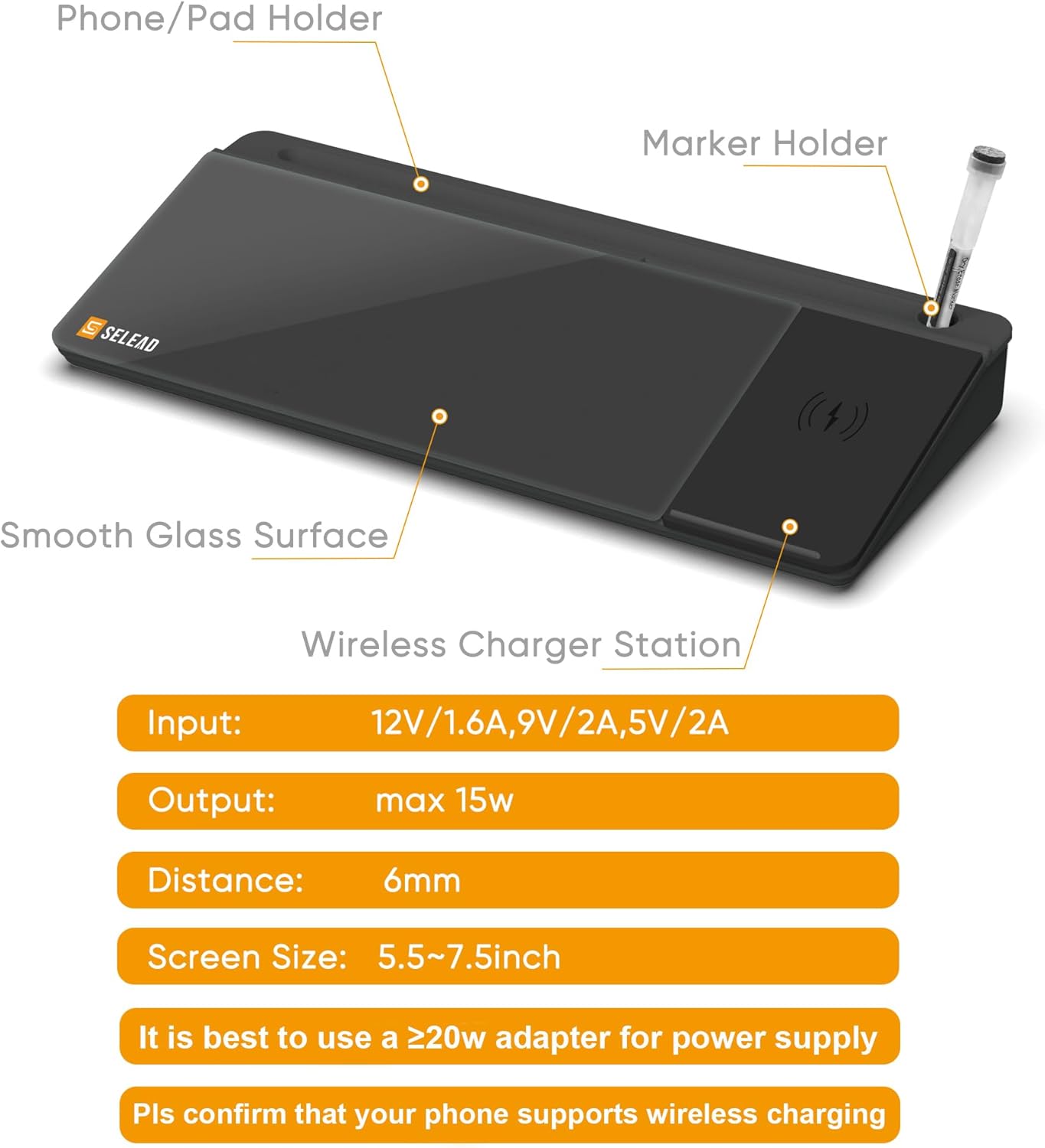 SELEAD Desktop Glass Whiteboard with Wireless Charger Station, Dry Erase Board Computer Pad Keyboard Stand with Organizer for Home, School, Office Desk Accessories, Black