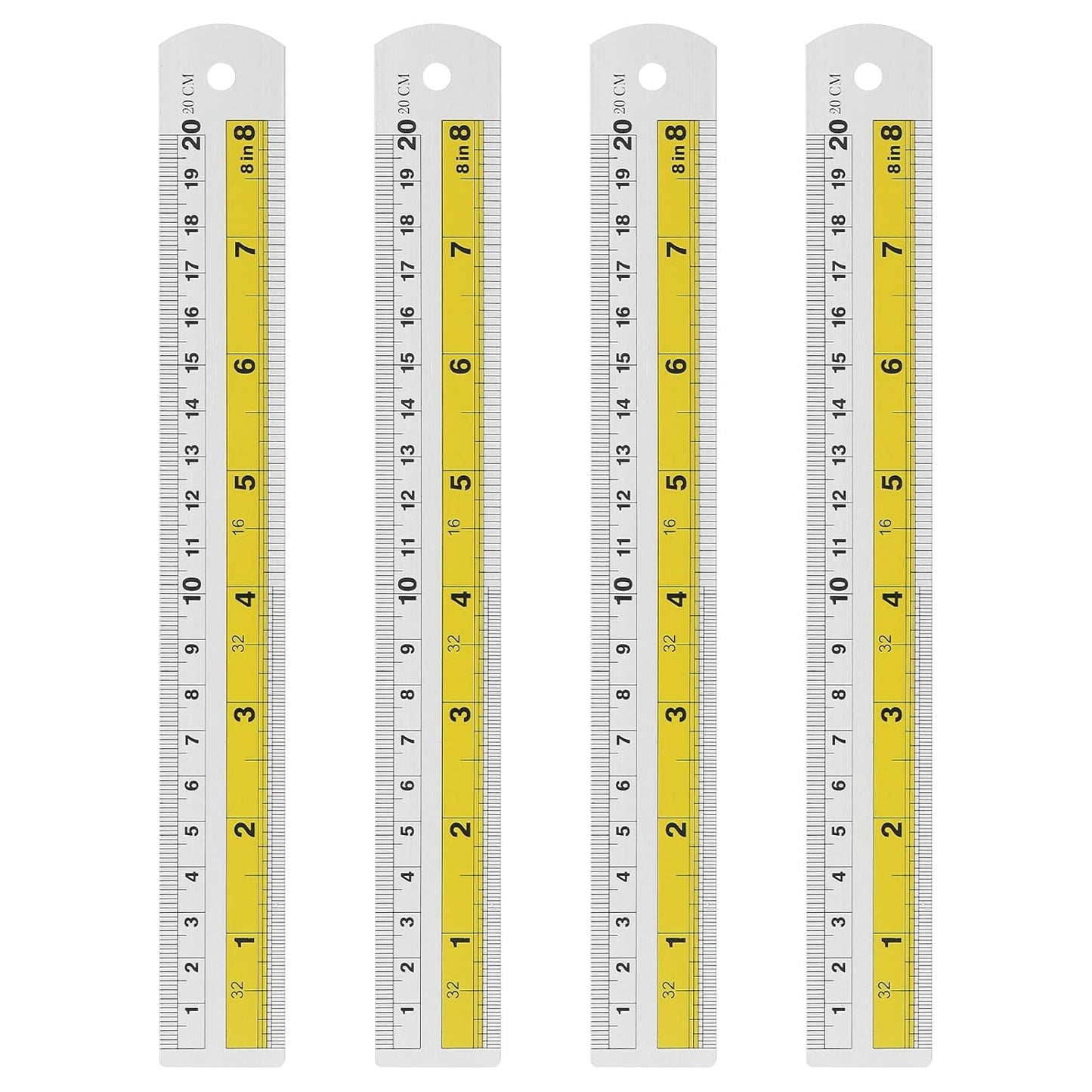 HARFINGTON 4pcs Metal Straight Ruler 20cm Metric SAE Aluminum Alloy Measuring Rulers Scale Tool with Hole for Measure Study Reading Classroom Office, Yellow