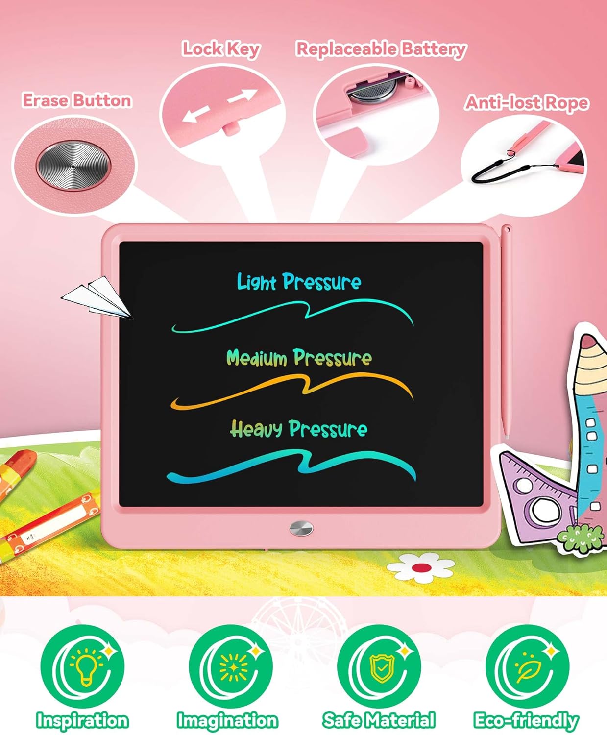 KOKODI 15 Inch LCD Writing Tablet with Anti-Lost Stylus, Erasable Doodle Board Colorful Toddler Drawing Pad, Car Travel School Games Toys for 3 4 5 6 7 8 Kids, Birthday Gift for Girls Boys Pink