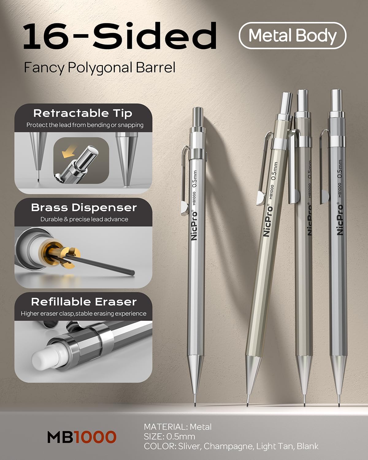 Nicpro 4 Pack Mechanical Pencil 0.5 mm with Case, MB1000 Metal Mechanical Pencil Set with 8 Tube HB #2 Lead Refill 0.5mm, 3PCS 4B Eraser, 9 Cap Eraser for Artist Drafting Writing, Sketching, Drawing