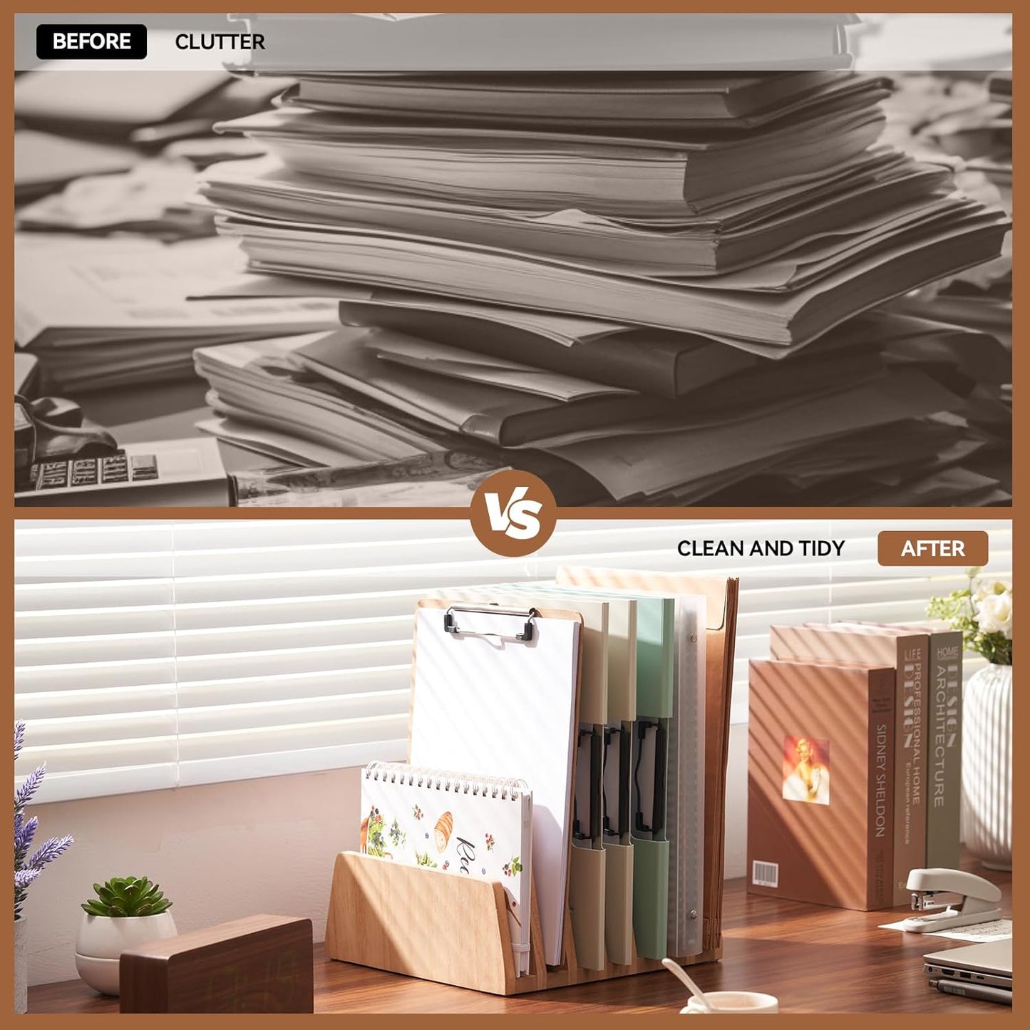 KIRIGEN Desktop File Document Holder Stand 7 Slots Mail Paper Organizer Desk Sorter Holder for File Document Organizer Stand for Home Office Natural (7KWJJ-NA)