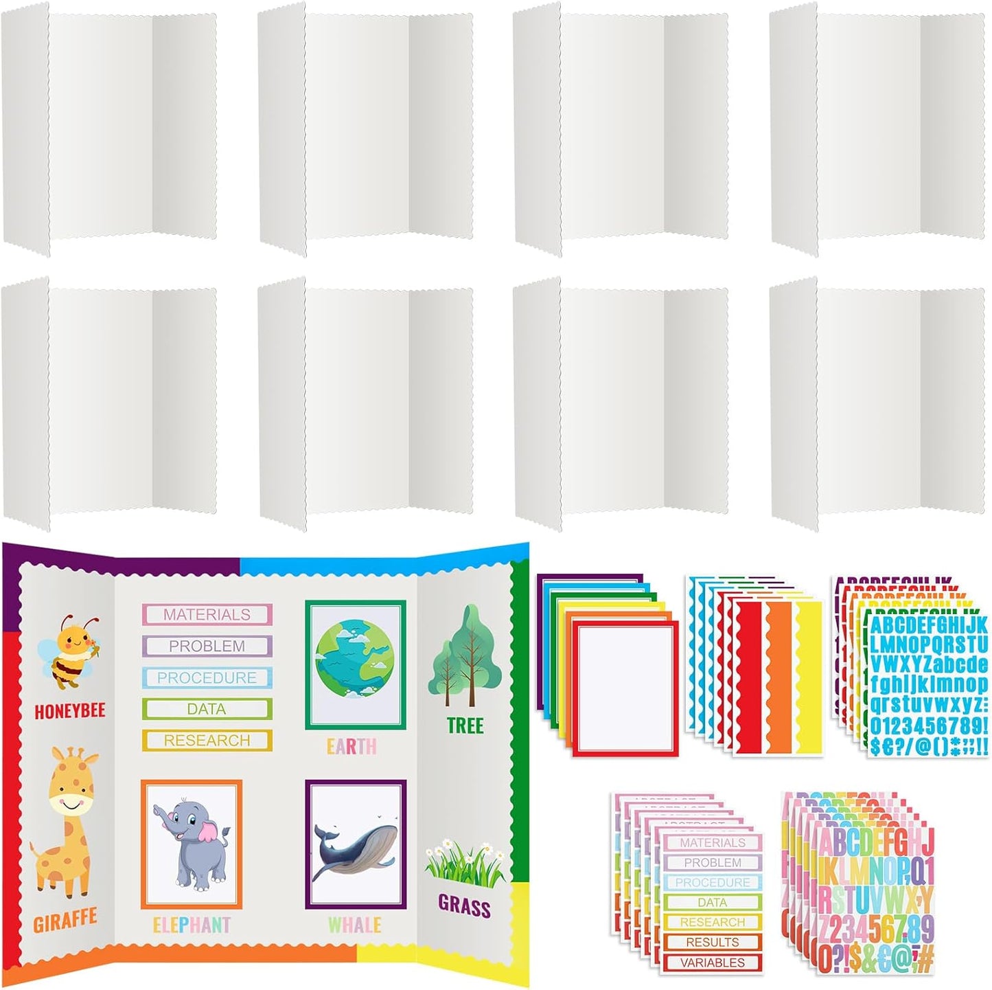 Teling 180 Pcs Trifold Poster Board Set, 8 Pcs 36 x 48 Trifold Display Presentation Cardboard Science Project Board with 172 Sheet Title Letter Stickers for Classroom School Office