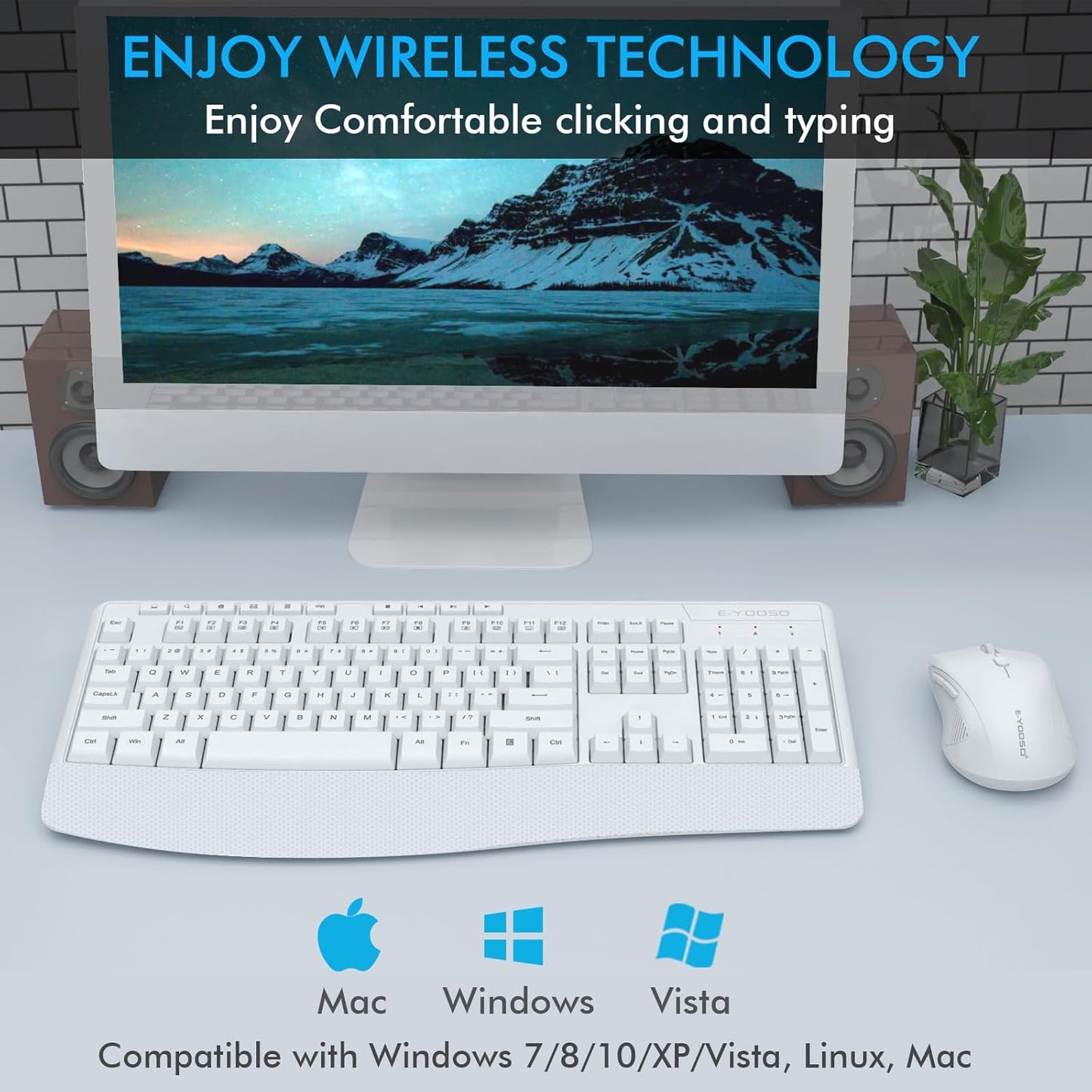 Wireless Keyboard and Mouse Combo, E-YOOSO 2.4GHz Full Sized Ergonomic Wireless Keyboard with Wrist Rest, 3 DPI Adjustable and 6 Buttons Cordless USB Mouse for Computer, Laptop, PC, Windows (White)