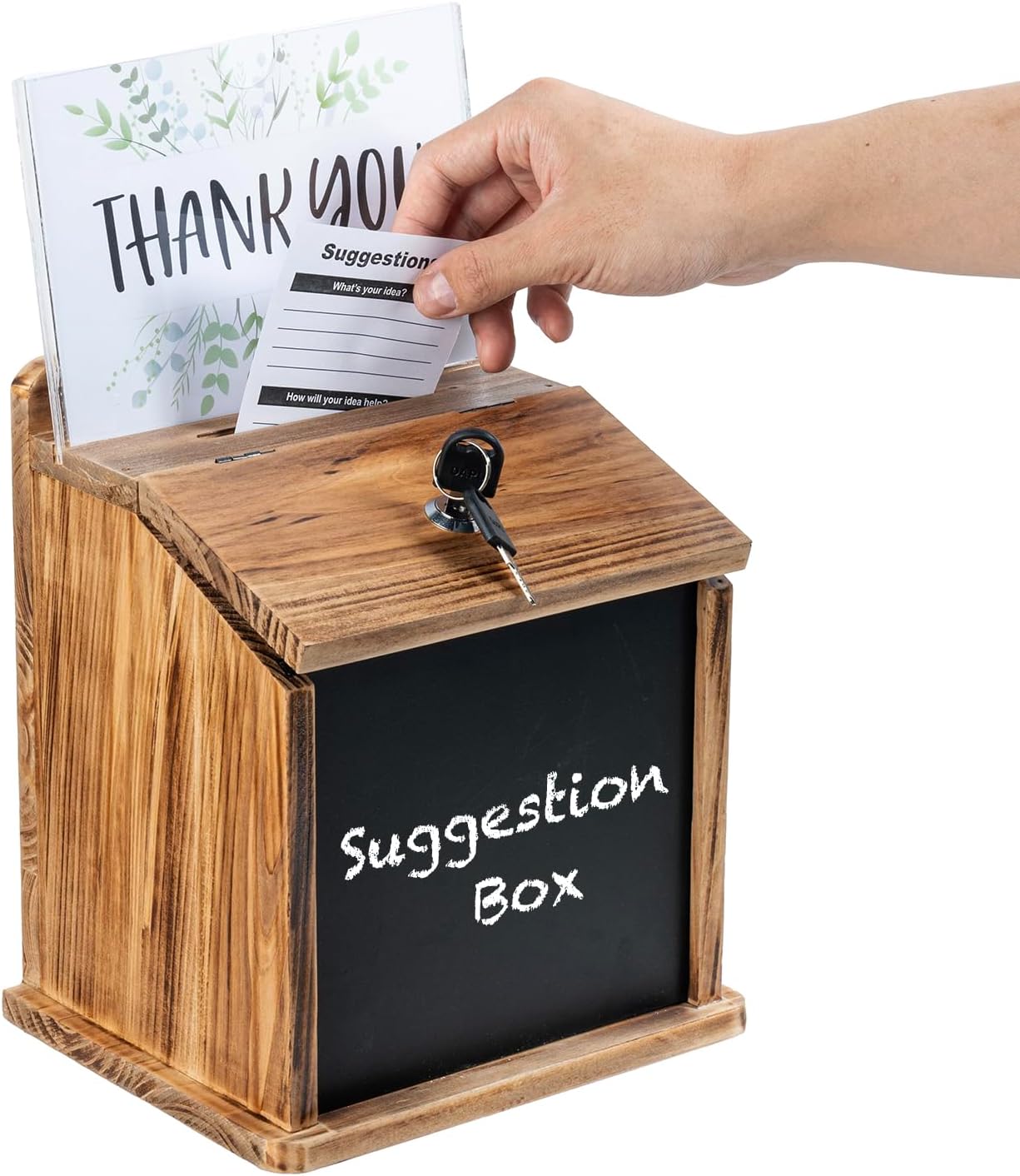 MyGift Rustic Burnt Wood Wall Mountable Fundraising Donation Suggestion Box / Comment Ballot Box with Lock and Key, Clear Acrylic Sign Holder and Chalkboard Surface