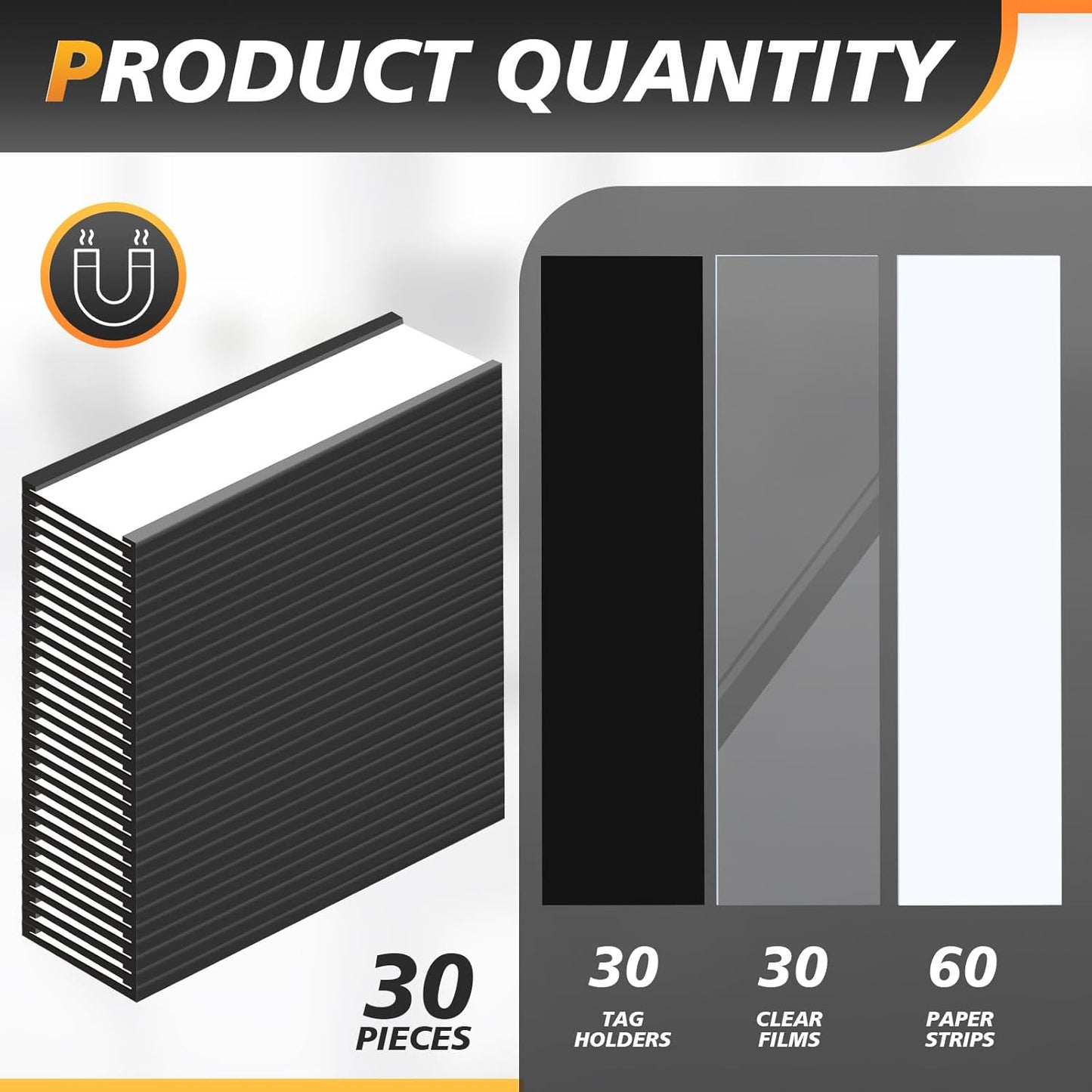 30 Pcs 6" x 2" Magnetic C Channel Label Holders with 60 Replacement White Paper and 30 Clear Plastic Films, Magnetic Cards Name Tags for Rack Shelf Warehouse Labels Accessories