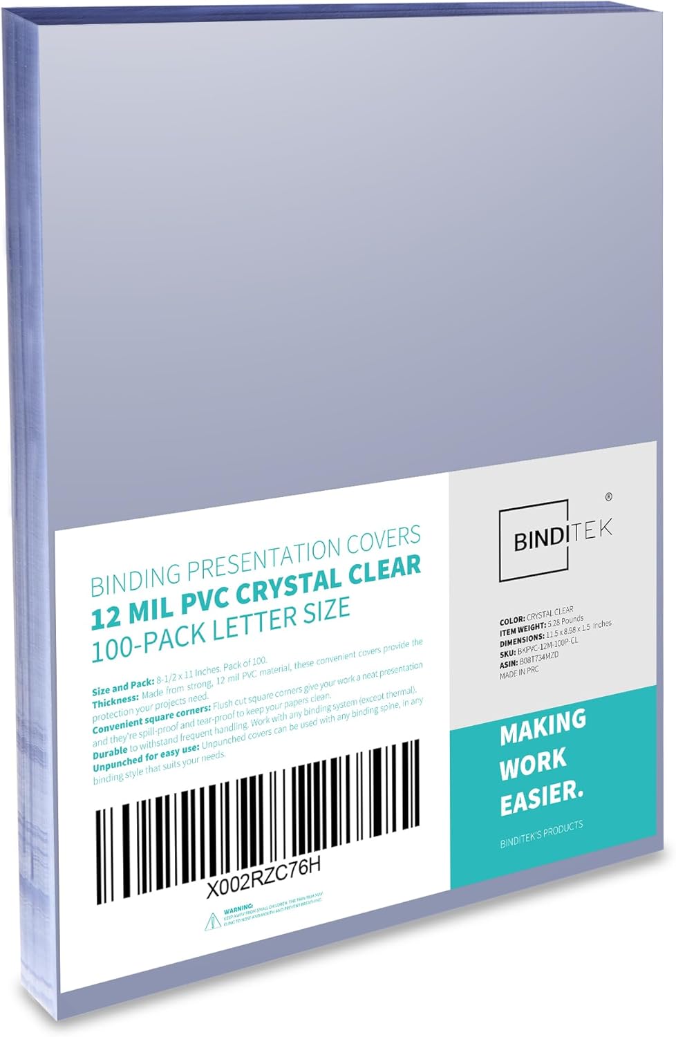 Binditek 100 Pack 12 Mil PVC Plastic Binding Covers, 8.5 x 11 Inches, Letter Size, Square Corners, Un-Punched, Office Supplies